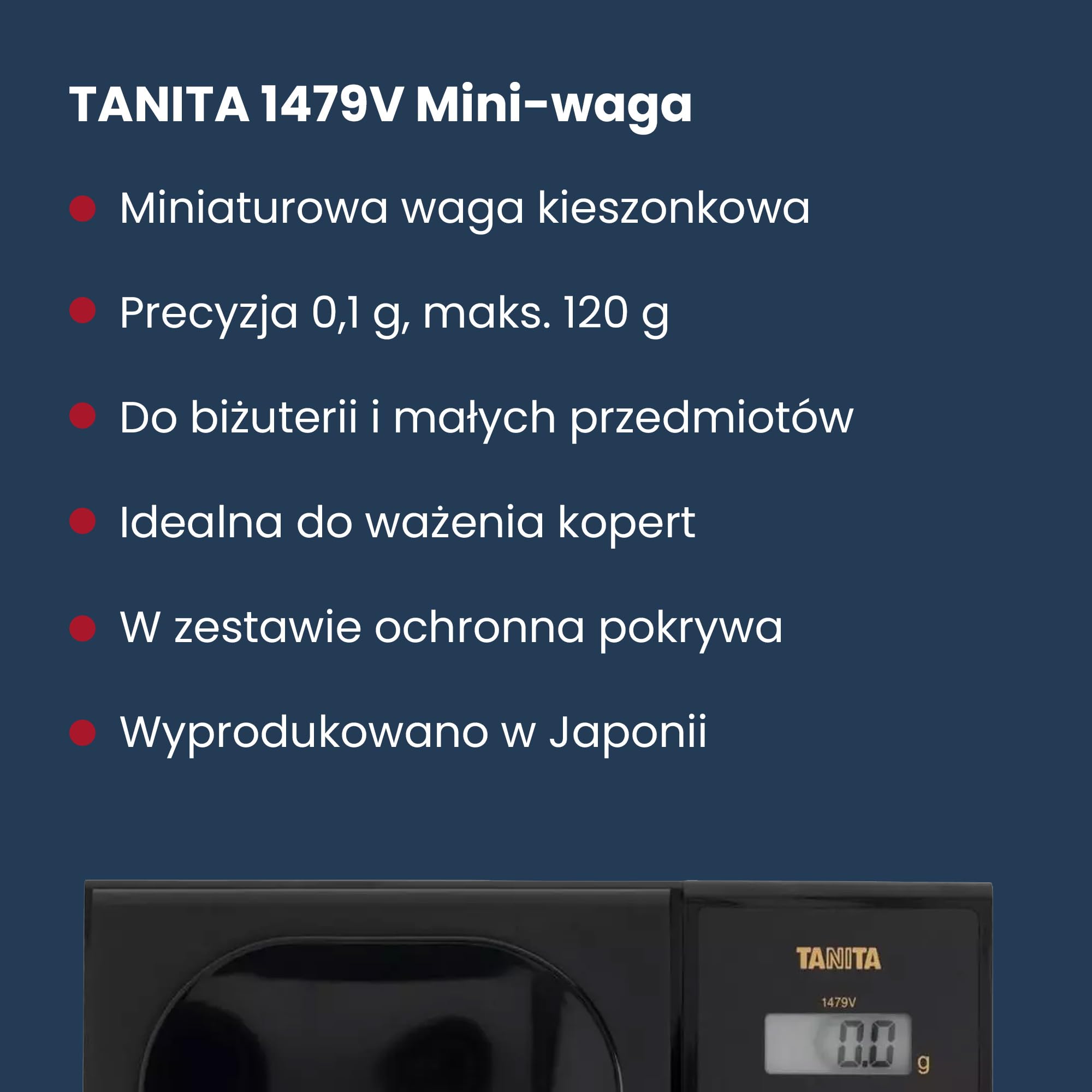 TANITA Mini waga 1479 V – mała cyfrowa waga precyzyjna z dokładnością 0,01 g – wyprodukowana w Japonii, pojemność 120 g, wyświetlacz LCD