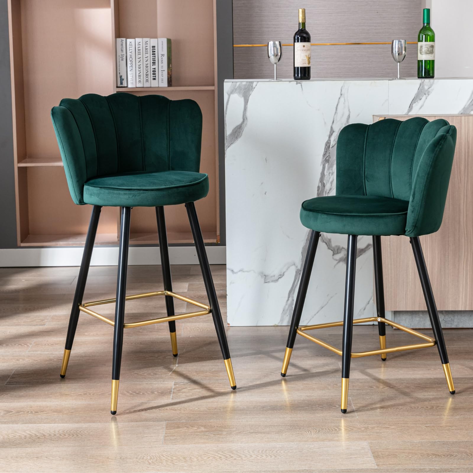 chairus Taburetes Bar de Terciopelo Juego de 2 Taburetes Altos con Respaldo Pétalo,Sillas de Bar Modernas con Reposapiés Patas Dorados para Restaurante/Isla Cocina,Verde