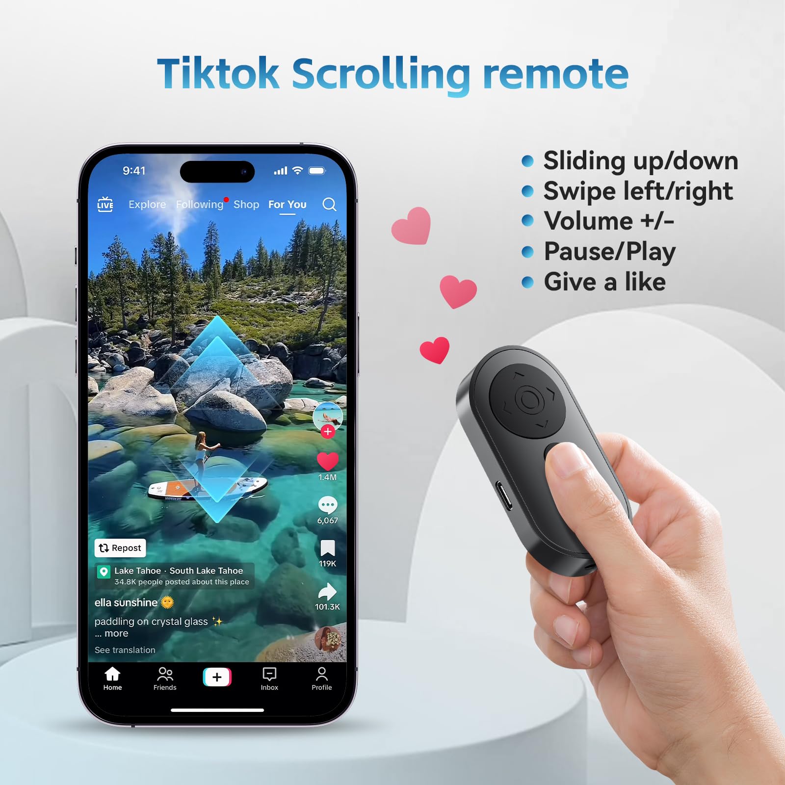 VYVIYON Wireless Camera Remote Control with Zoom/Switch for Photo and Vlogging Compatible with iOS & Android Smartphone, Bluetooth Video Scrolling for Tiktok, Rechargeable Page Turner for E-Book APPS