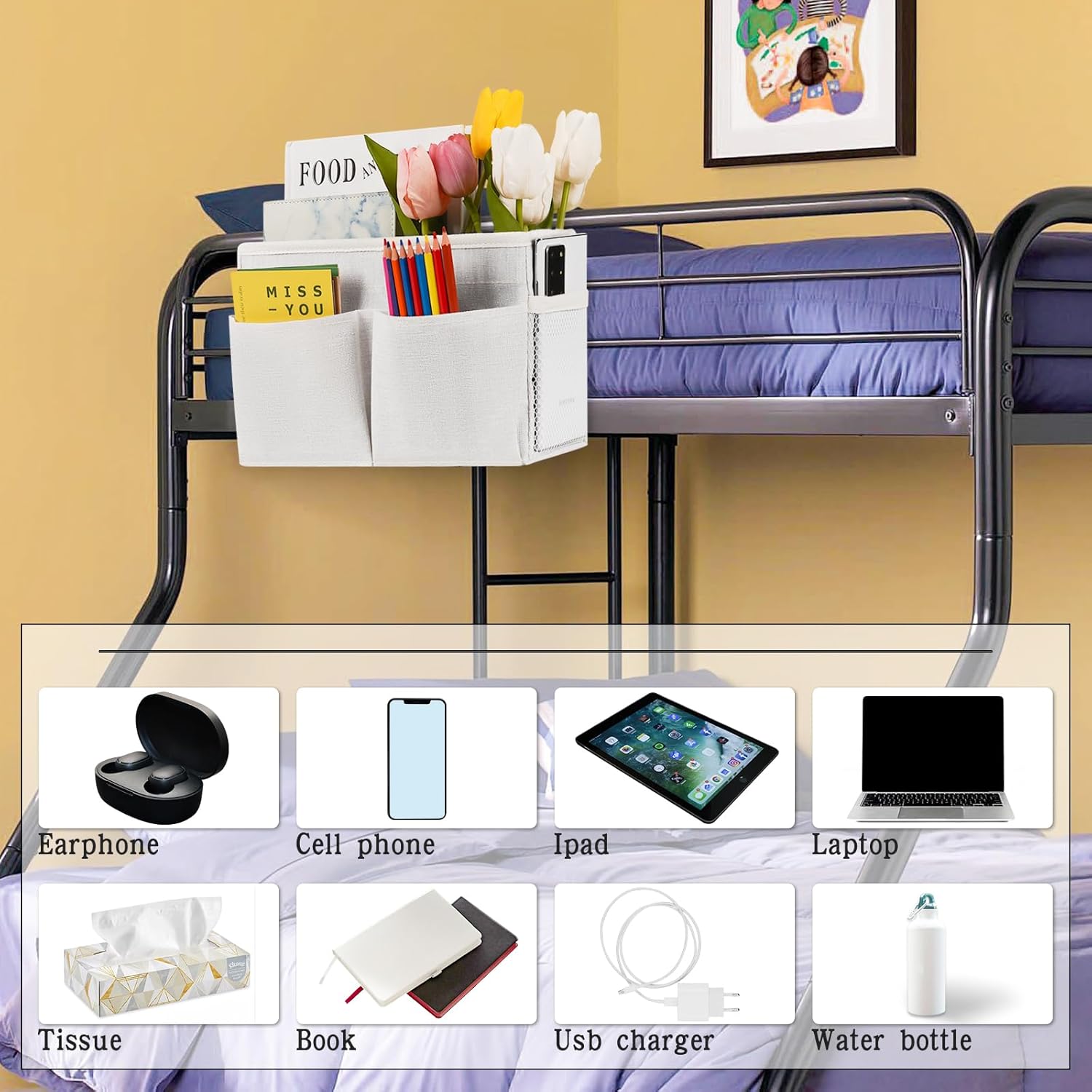 Bedside Caddy White Bedside Hanging Storage Basket Bed Caddy for Headboards Bunk Dorm Rooms Crib Beds Rails Organizer (White) - Image 3