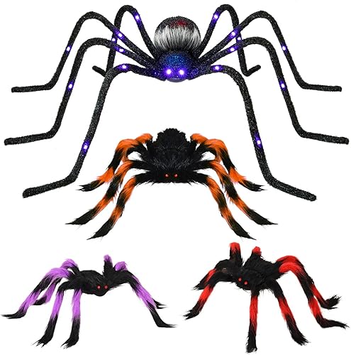 Miniatura 8 de Rocinha Paquete de 4 arañas de Halloween, araña gigante de 4 pies y araña peluda colorida con ojos rojos, araña grande iluminada con LED que cambian