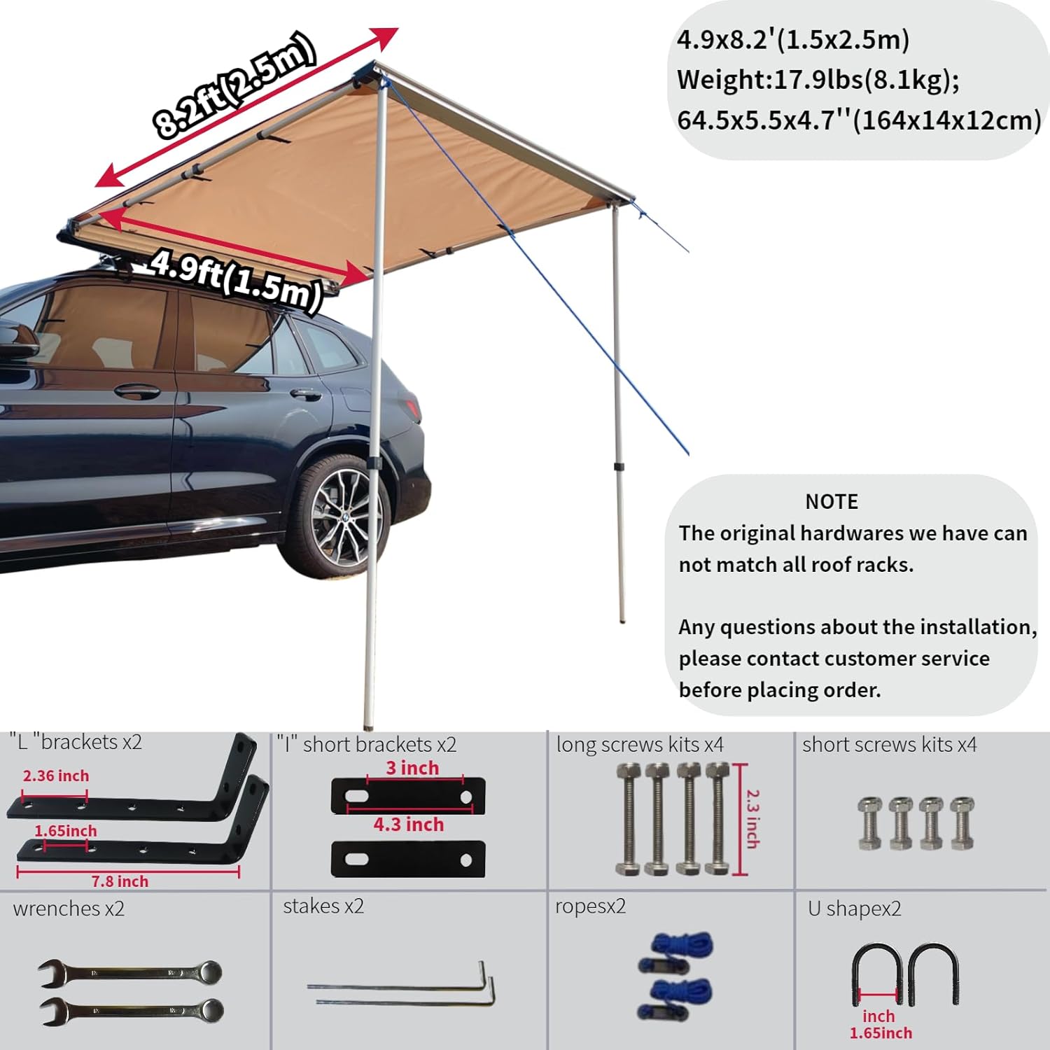 DANCHEL OUTDOOR Vehicle Awning Overland Camping, UPF50+ Roof Rack Car Awning Waterproof Truck Canopy Tarp Shelter, Khaki 6.5x8.2ft