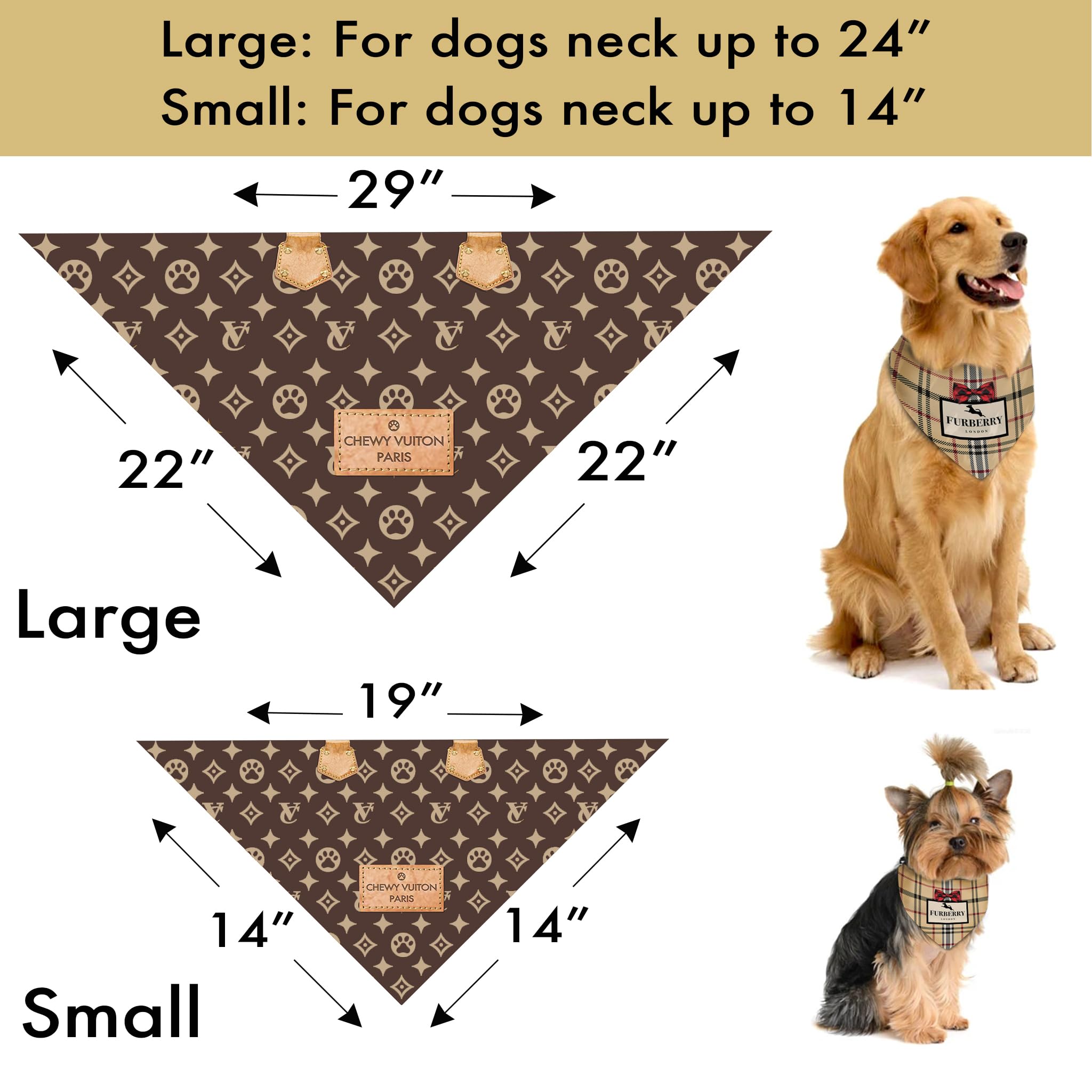 Dog Bandana Chewy Vuiton Designer Fashion Clothes Scarf Kerchief for Small Medium and Large Dogs. Funny Parody Gift for Girl or boy Dog Soft Durable Fabric, Adjustable tie-on Style Triangle