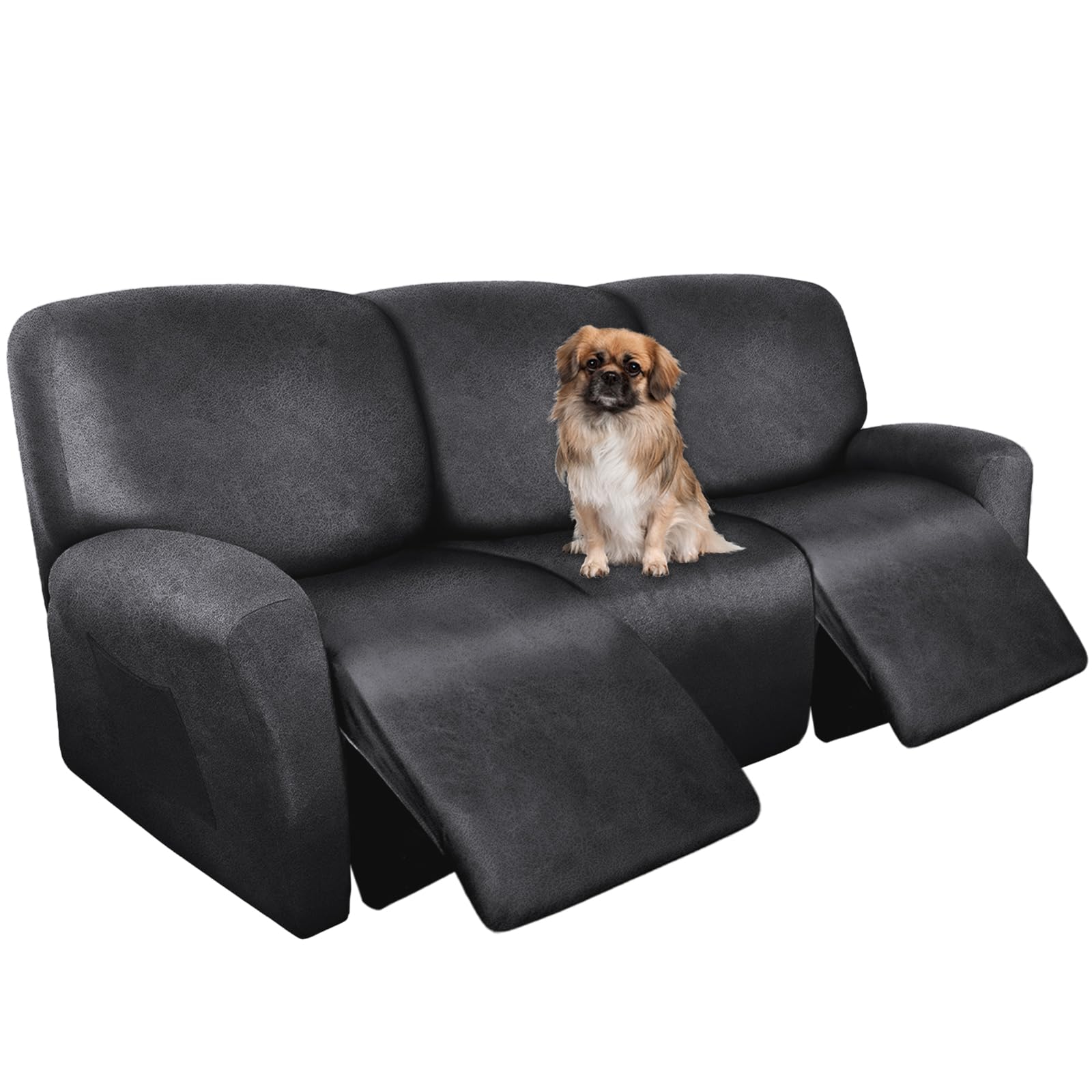 ANARACHON Recliner Couch Cover Leather Look Recliner Sofa Covers for 3 Cushion Reclining Sofa Slipcovers 8-Pieces Furniture Protector Spandex Fabric Washable (3 Seater, 01 Dark Gray)