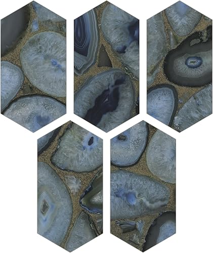 Azulejo de piedra para cocina, despegar y pegar, azulejos autoadhesivos hexagonales largos, mármol azul ágata en azulejos decorativos de pared para
