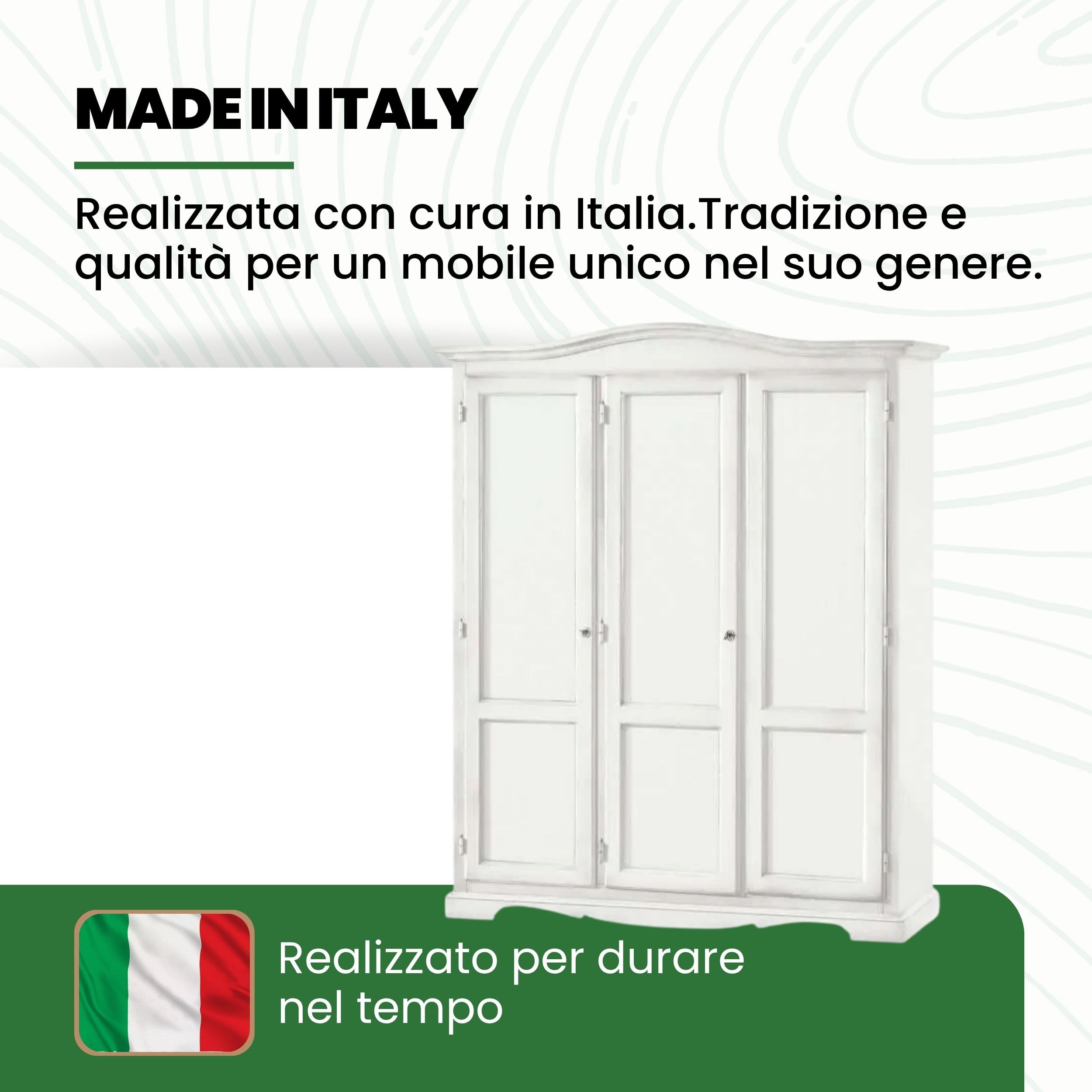 Mar.c.a. Design - Armadio in Legno Massello Arte Povera 158x56x197 cm - 3 Ante con Cappello Gendarme Tondo - Made in Italy