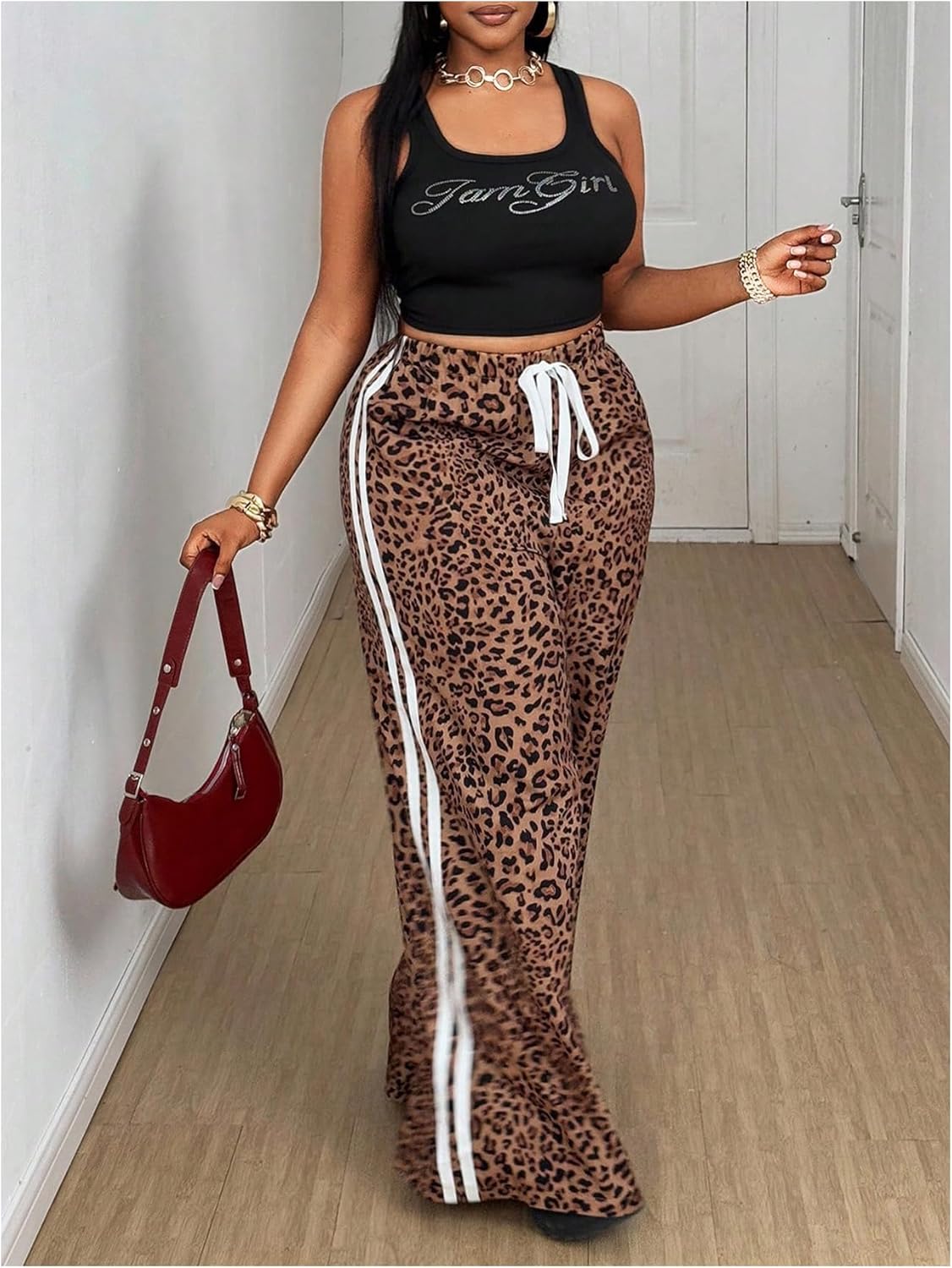 Women's Plus Size Leopard Baggy Pants Y2k Stripe Cheetah Pants Tie Front Wide Leg Loose Trousers - Image 4