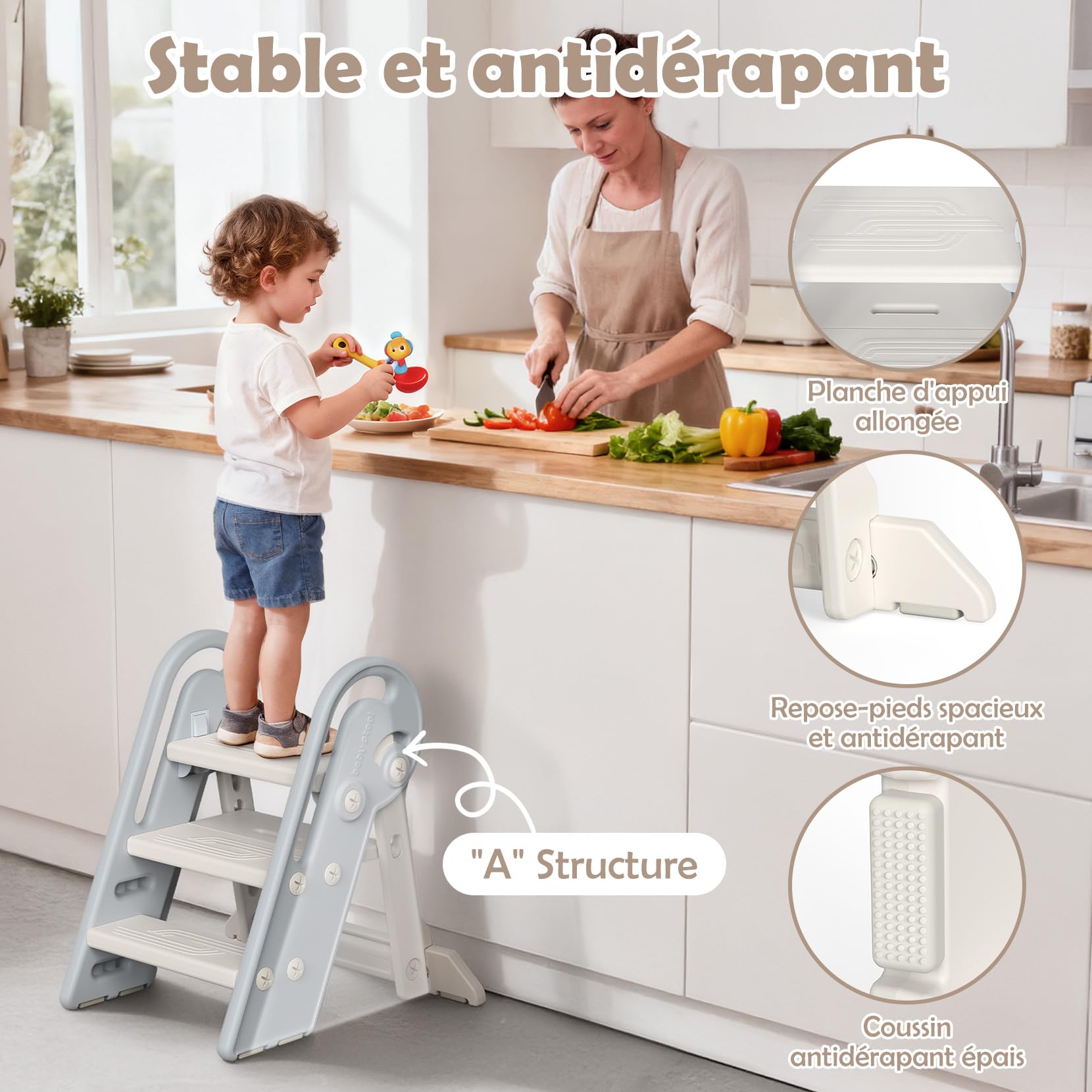 Onasti Marche Pied Enfant, Tabouret 3 Marches pour Bébé, Marche Pied à Hauteur réglable, Pliable, Multifonction et Antidérapant Parfait, pour Cusine, Salle de Bain,Chambre à Coucher (Gris)