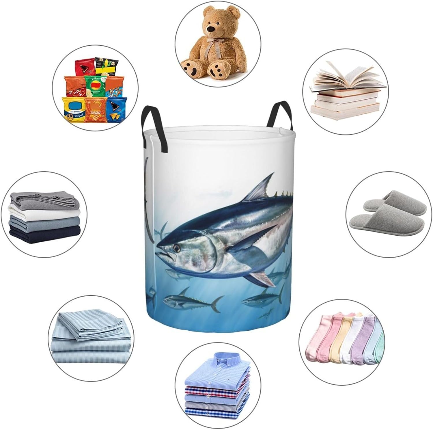 Bluefin Tuna Thunnus Laundry Basket With Handles, Foldable Laundry Hamper Oxford Cloth Dirty Clothes Basket Waterproof Clothes Toys Storage Bin Organizer for Bedroom Bathroom Dorm