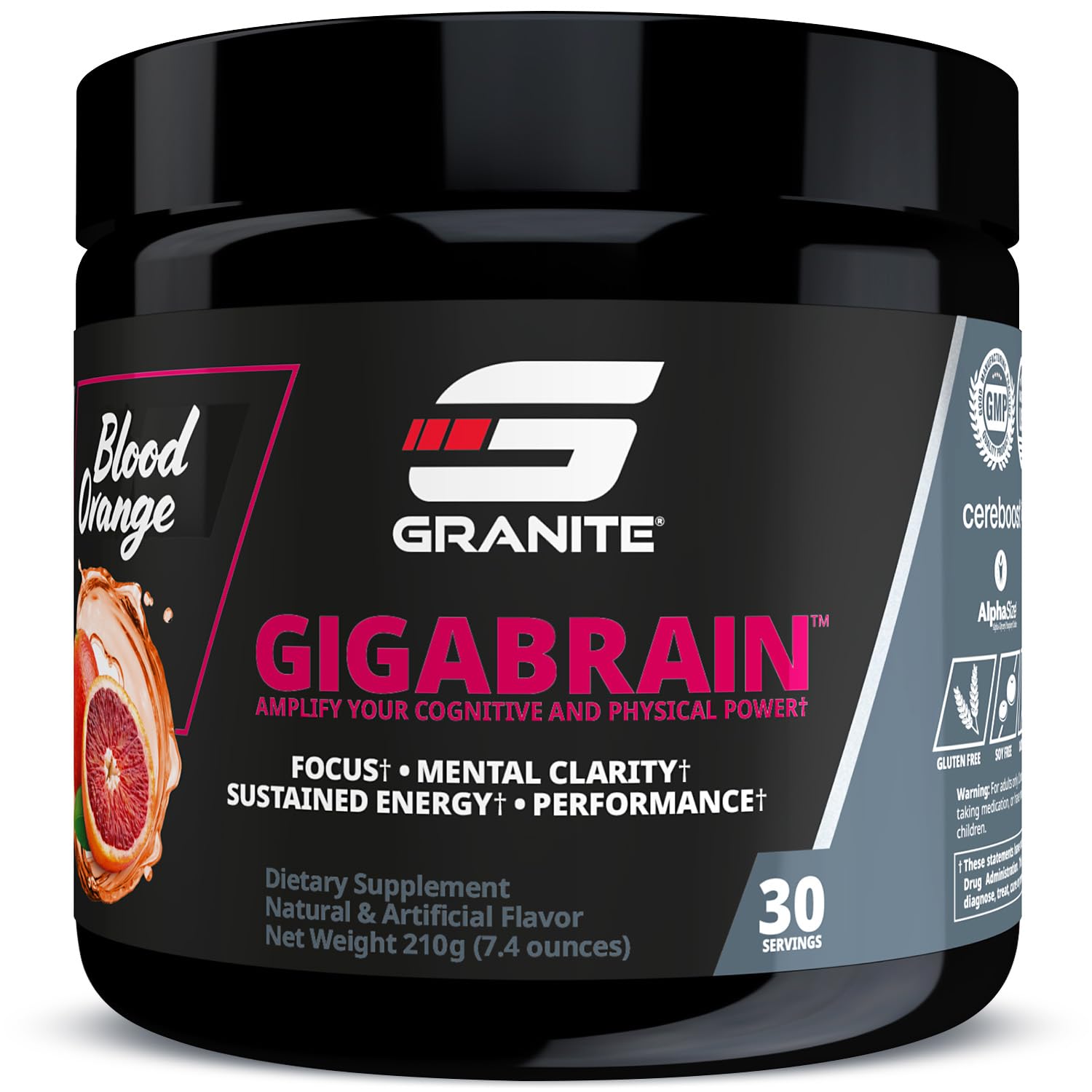 (inv) Granite Nutrition GigaBrain Nootropic Energy Powder – Cereboost, Alpha-GPC & ElevATP – Cognitive Focus Supplement for Sustained Energy & Performance – Blood Orange, 30 Servings