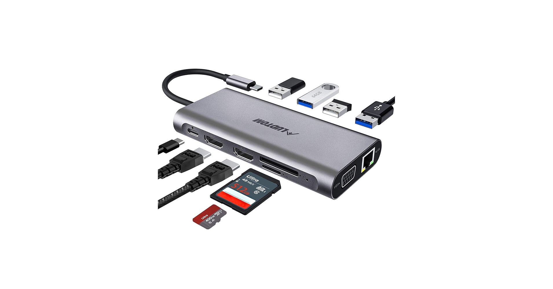 USB C Hub, USB C Laptop Docking Station, LUDTOM Triple Display Type C Dock Station Adapter with 2 HDMI,VGA,PD 3.0 Type C Port,SD TF Card Reader,4 USB Ports Compatible for MacBook,Other USBC Laptop