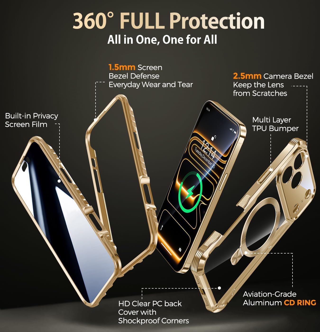 Reukdnv [Built-in Privacy Screen Protector & Invisible Ring Stand] Privacy Case for iPhone 17 Pro 6.3'' [Soft Bumper Full Signal] [Compatible with MagSafe] Full-Body Shockproof Clear Case, Gold