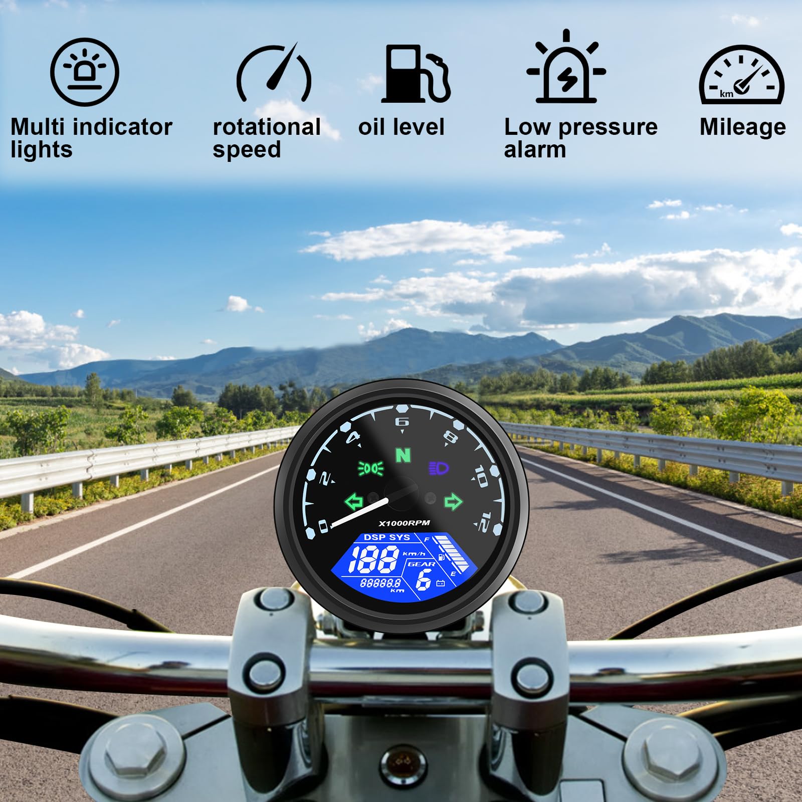 Geloo Moto Contachilometri Universale per Moto Tachimetro Digitale Contachilometri con Supporto 12000 giri/min 199 KMH MPH LCD Contagiri per 1,2,4 Cilindri con Spia Multifunzione 12V