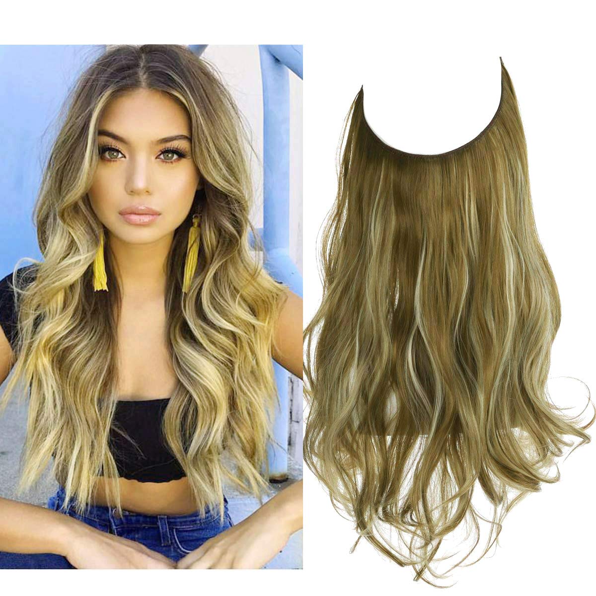 Halo Hair Extension Curly Long Synthetic Hairpiece Green Brown With Beach Blonde Highlight 18 Inch 4.2 Oz Hidden Wire Headband for Women Heat Resistant Fiber No Clip SARLA(M01&M6PH613)