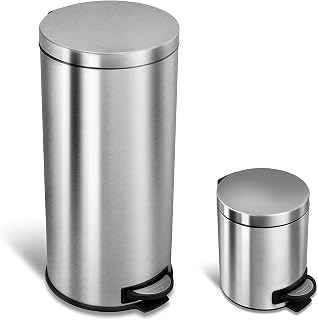 NINESTARS AMZ-CB-SOT-30-1/5-1 CB-SOT-30-1/5-1 Step-on Trash Can Combo Set, 8 Gal 30L & 1.2 Gal 5L, Stainless Steel Base (Round, Lid)