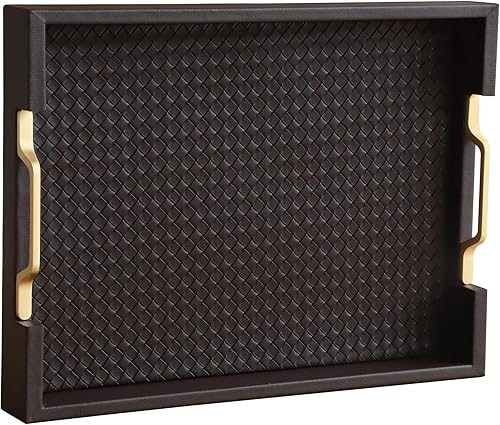 Miniatura 12 de HofferRuffer Bandeja de servir rectangular de cuero sintético plato decorativo con asas de metal dorado para mesa de café, desayuno, té, comida,