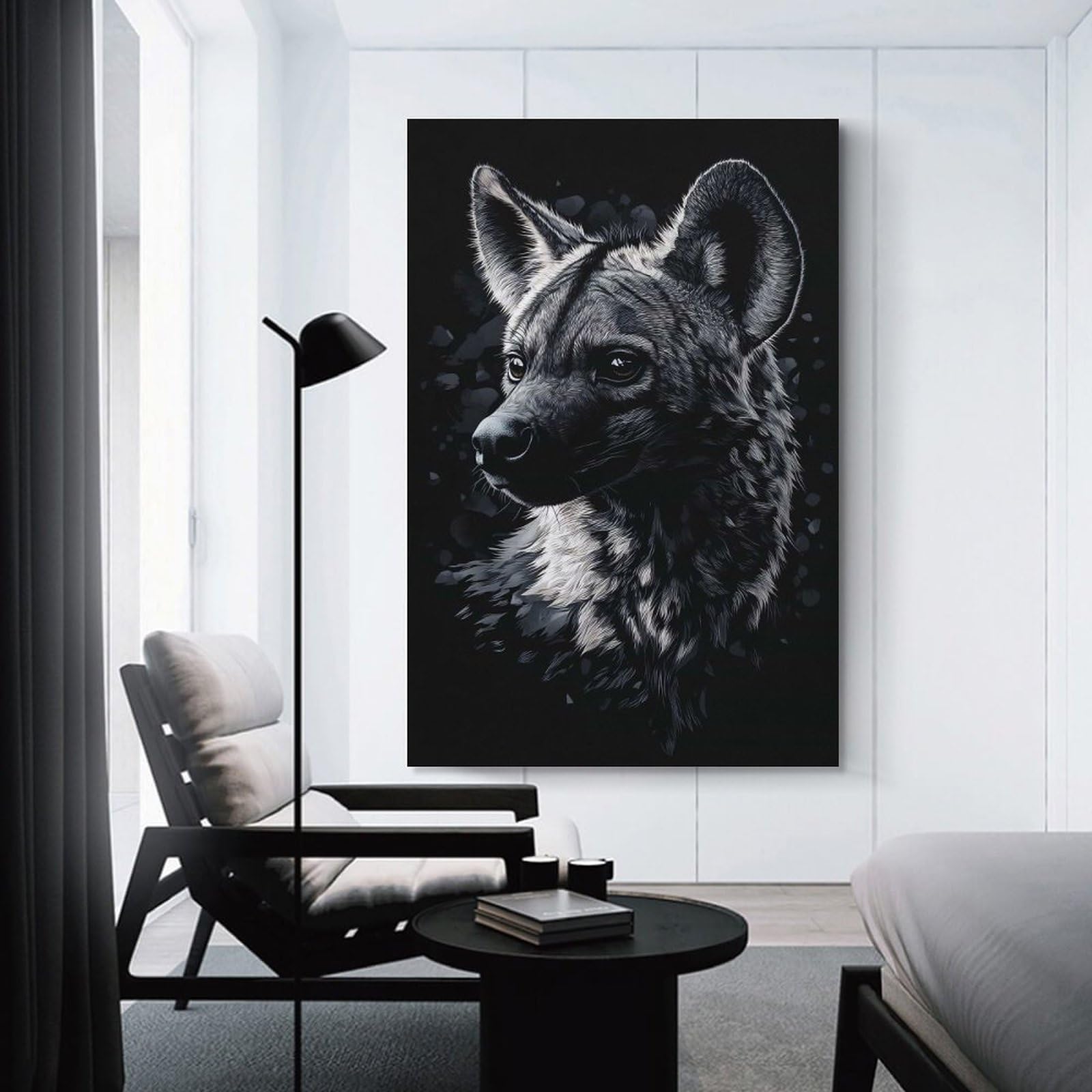 Junmoney Hyena Portrait in Black And White Hanging Wall Art 20x30inch(50x75cm), for New Homes, Bedrooms Or Workspaces, Thoughtful Wall Decor for Art Lovers