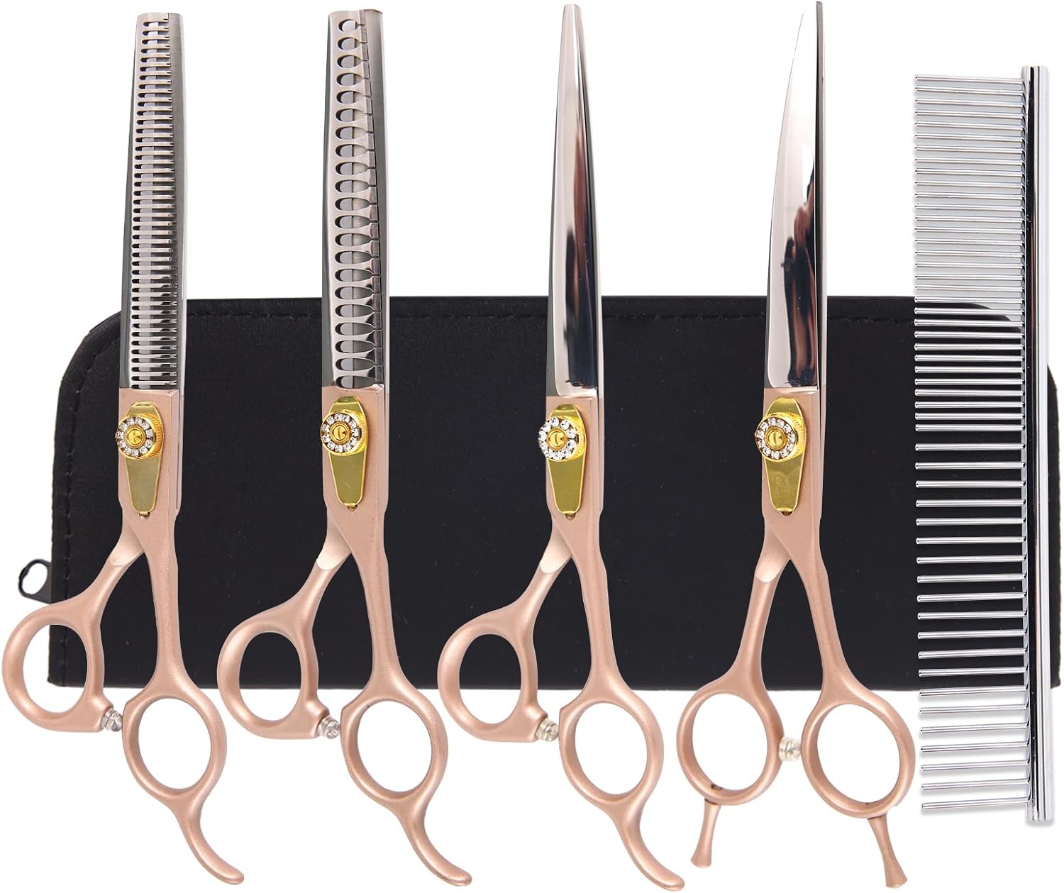 7 Inch Professional Dog Grooming Scissors Kit, 6-in-1 Grooming Scissors for Dogs, Pet Grooming Shears Set, Straight Scissor & Thinning Shear & Curved Scissor & Chunker Shear (Rose Gold)