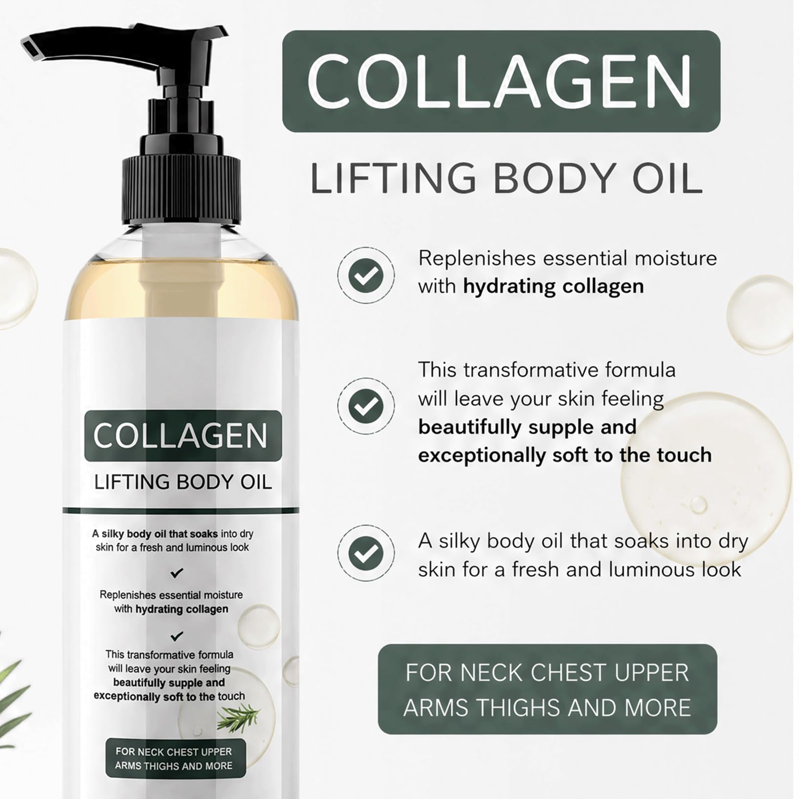 Aceite corporal levantador de colágeno de romero: aceite hidratante para estirar la piel después de la ducha, ayuda a mejorar la firmeza, brillo antienvejecimiento, (5 piezas)