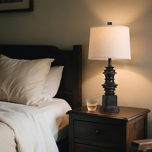 Miniatura 6 de QiMH Juego de 2 lámparas de mesa para mesita de noche, lámpara de noche con puertos de carga USB A+C, lámpara de mesa de granja con pantalla de