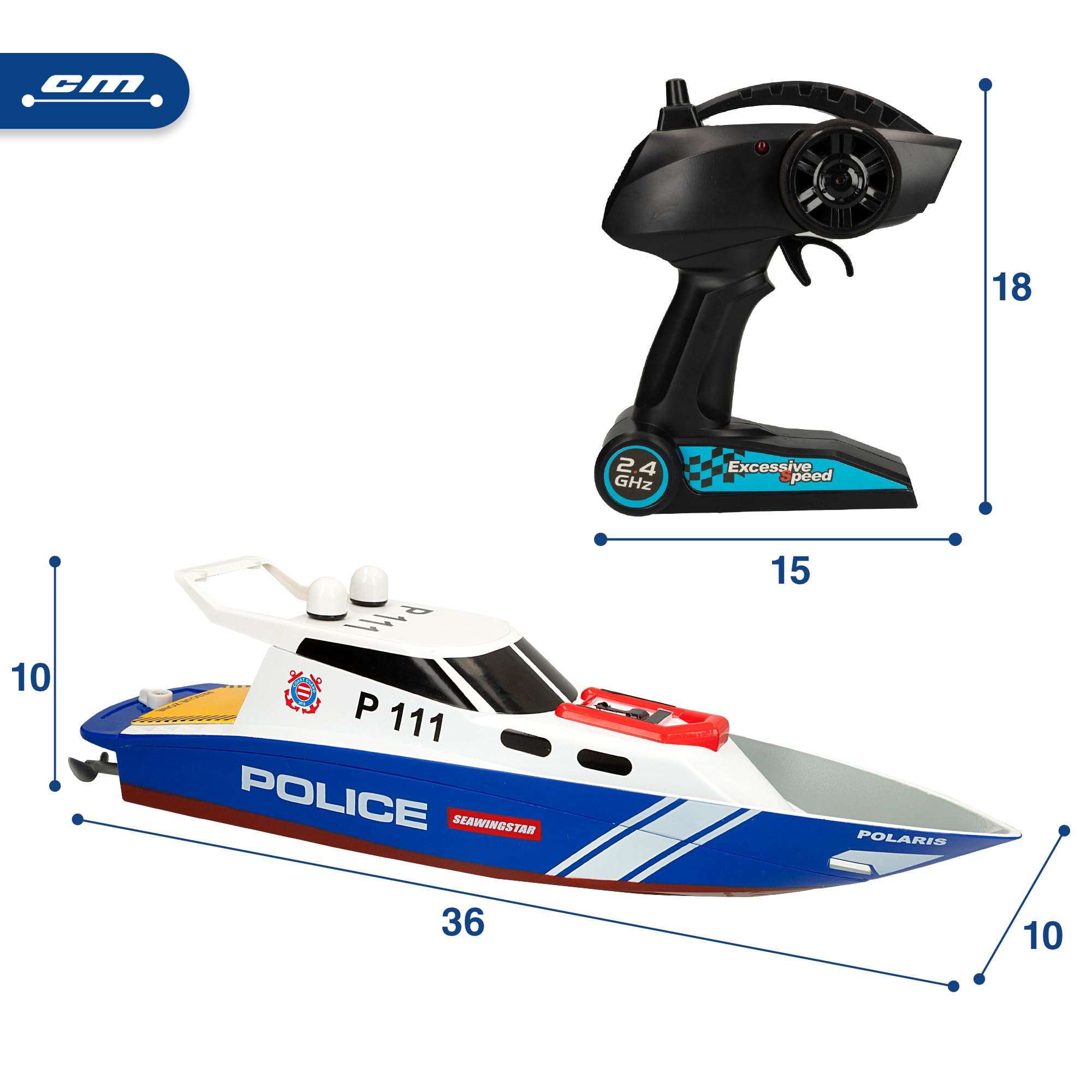 ColorBaby 47674 Racing Boat Lancha radiocontrol policía, 36x10x10 cm, Mando Control Remoto, 6 direcciones, 2.4 GHz, Alcance 35-40 m, Barco RC, Juguetes radiocontrol, Juguetes para niños, +4 años