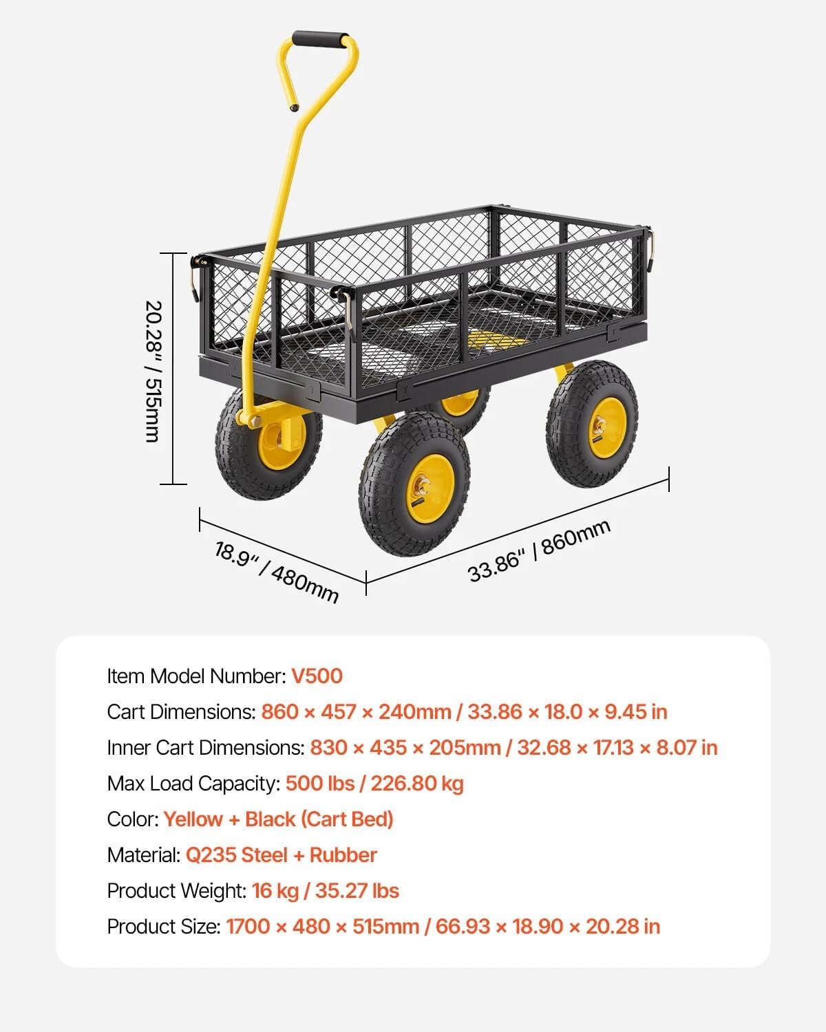 Steel Garden Cart 500lb Capacity Heavy Duty Yard Wagon Utility Cart 10in Tires