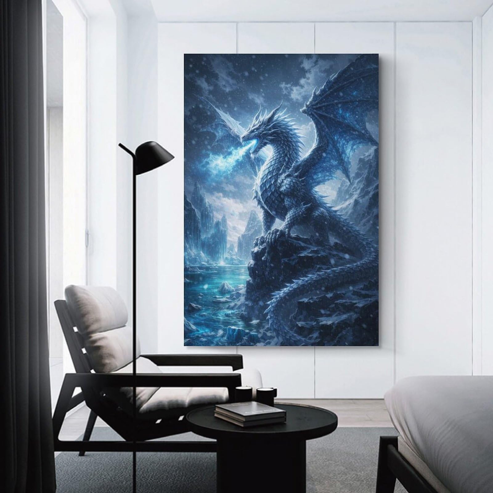 Junmoney Unframe-Style-23 Ice Dragon Breathing Frost Home Decor Wall Art 20X30inch(50X75cm), For Bedroom, Guest Room Or Reading Nook, Decorative Wall Art For Cosy Rooms