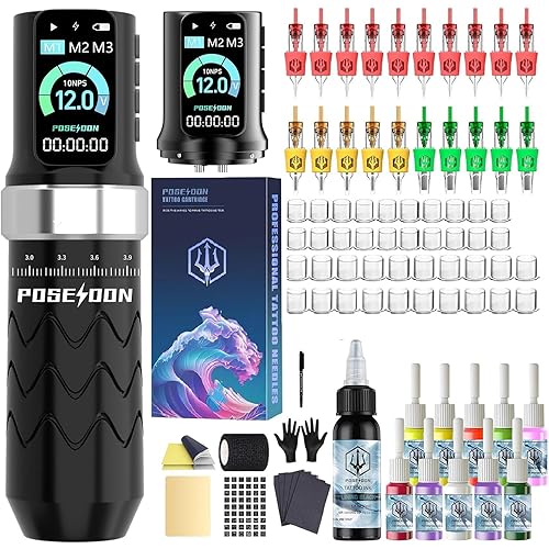 POSEIDON Cordless Rotary Tattoo Machine Kit with 20 Tattoo Cartridge Needles, Ink Set & 2 Rechargeable Batteries | Professional Portable Tattoo Gun for Beginners | Complete Starter Supplies