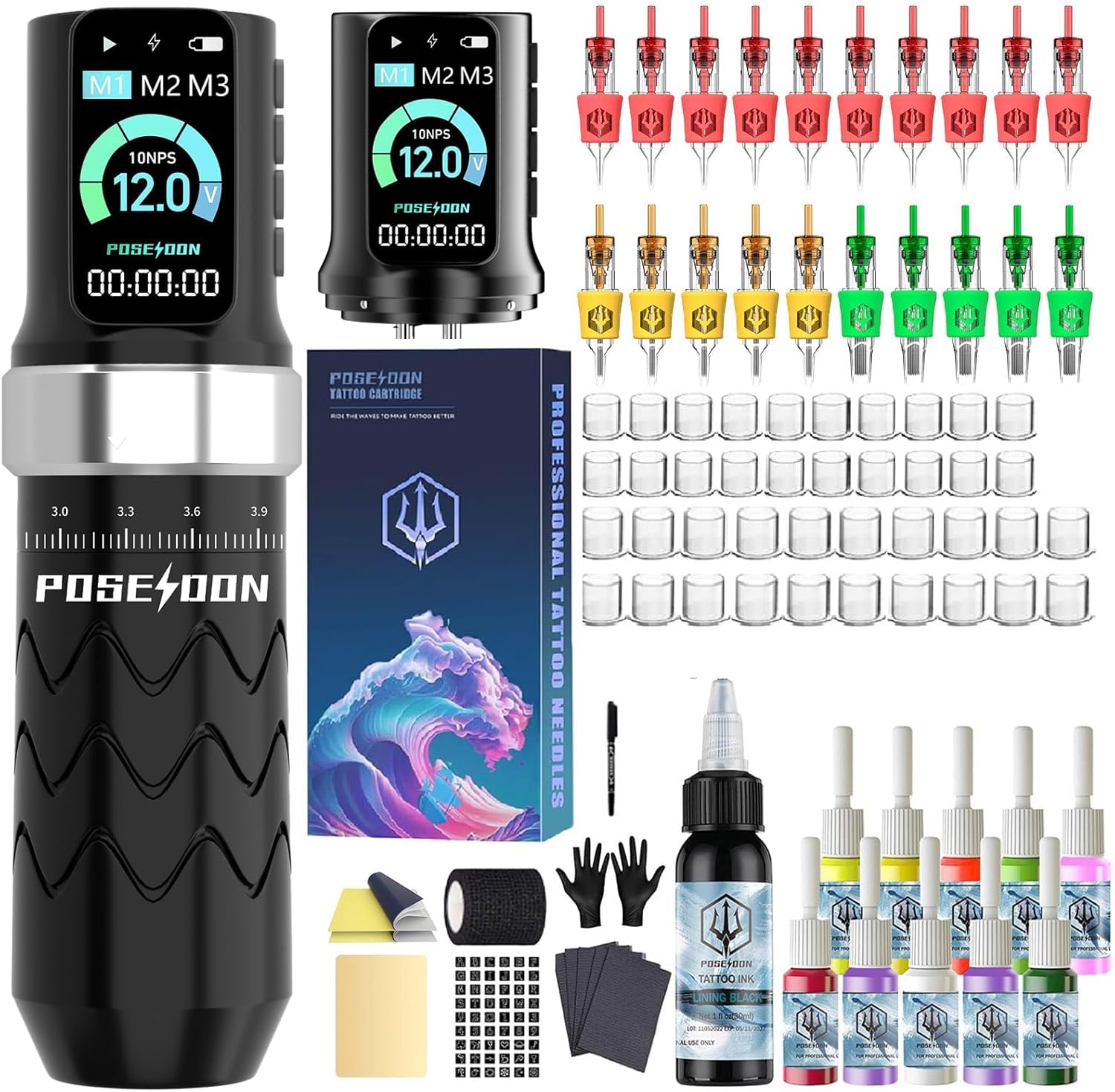POSEIDON Kit machine à tatouer sans fil avec 7 réglages de course, deux batteries de 2300 mAh, mode normal/pointillé et écran LED – Appareil de tatouage professionnel sans fil pour débutants (HM145)
