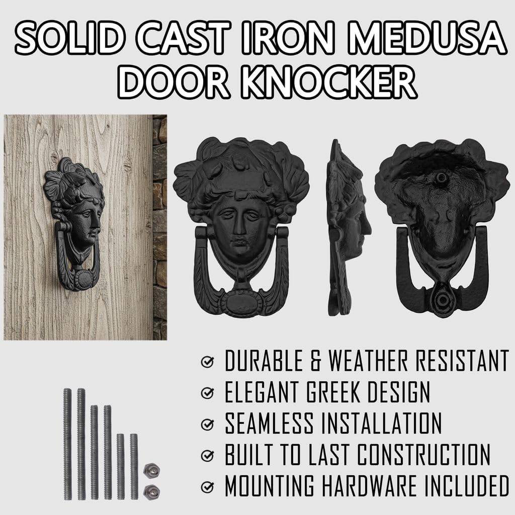 Mystic Colonial Medieval Cast Iron Door Knocker Athena Design, 6 Inch, Rustic Black Finish Front Door Knocker with Mounting Screws for Vintage Doors