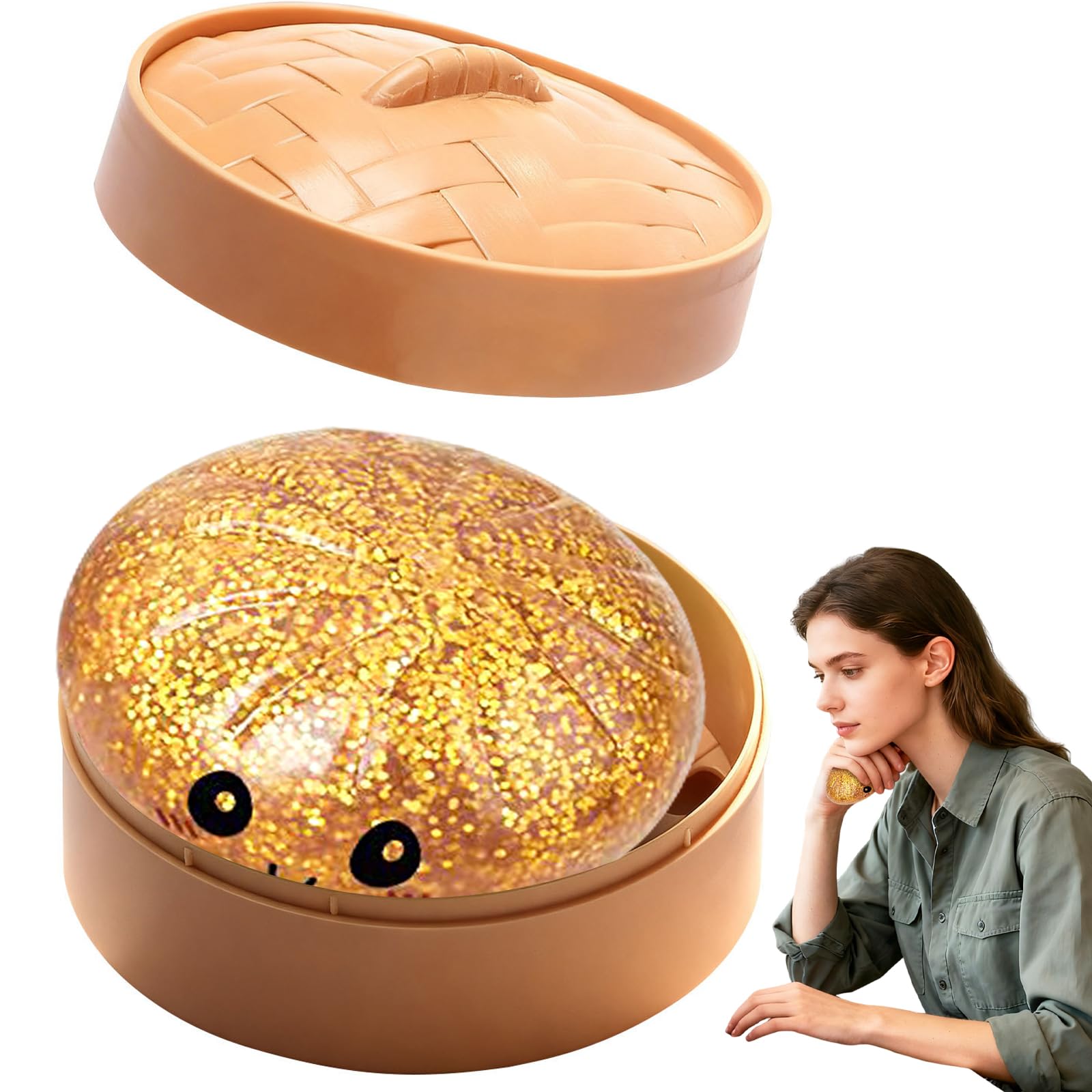 Mtbricey Glitter Dumpling Squishy Cute Simulated Steamed Buns Bao With Steamer Box Soft Fun Decompression Dough for Anxiety Relief Dumpling Stress Balls For Adults Birthday Gift Desk Decoration (Gold) — image 1