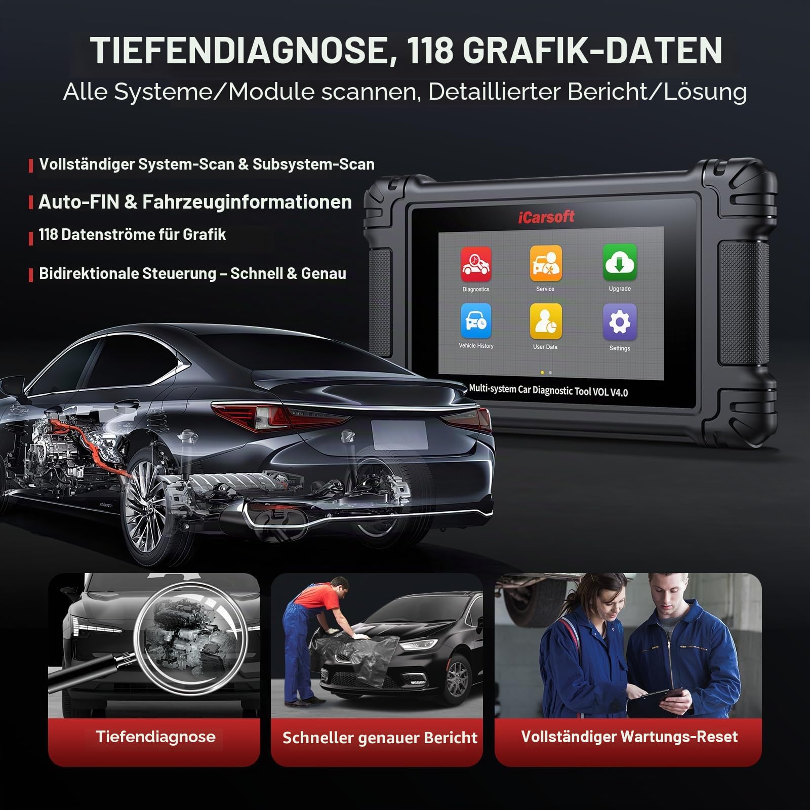 iCarsoft VOL V4.0 Bidirektionales Diagnose-Scan-Tool für Volvo/SAAB OBD2-Scanner + 2 Fahrzeugmarken, alle Systeme, alle Reset-Funktionen/Aktivierungstest/Batterie-Registrierungstool