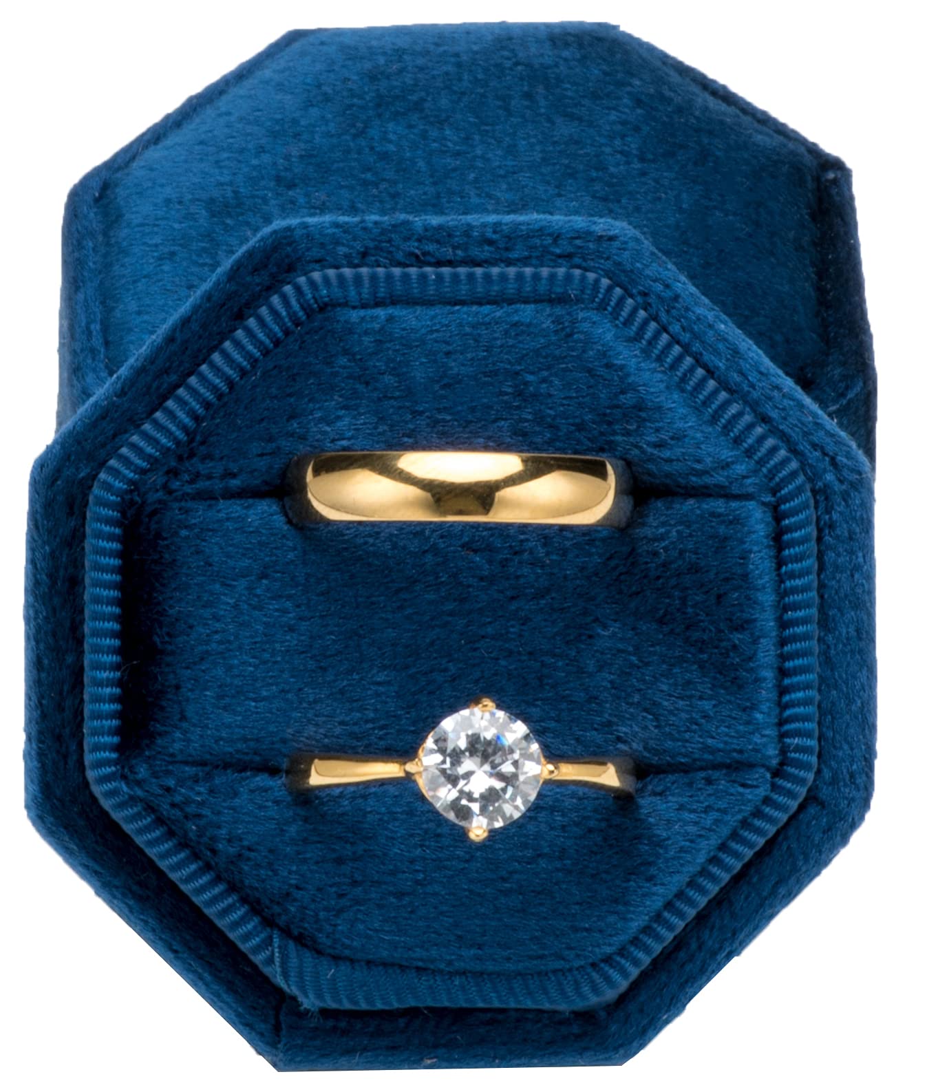 Pokofo Dark Blue Premium Velvet Ring Bearer Box For Proposal Engagement Wedding Ceremony - Equilateral Octagon Vintage Double Ring Display Holder With Detachable Lid (Dark Blue)