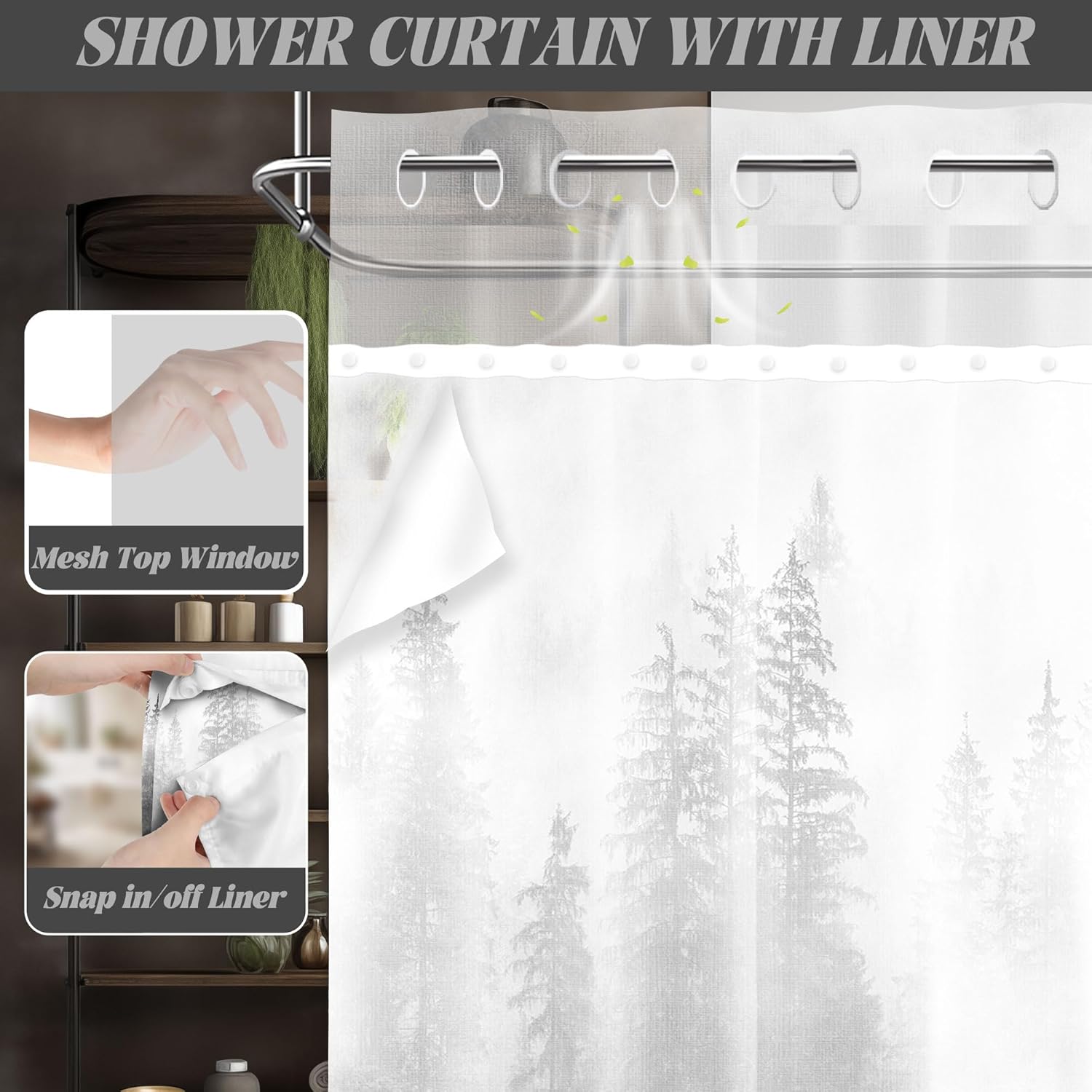 Grey Forest Hookless Shower Curtain with Snap in Liner, Black and Gray Tree Mens No Hook Double Layer Shower Curtain and Liner Set, Ringless with Window Waterproof Fabric 71" W x 74" L