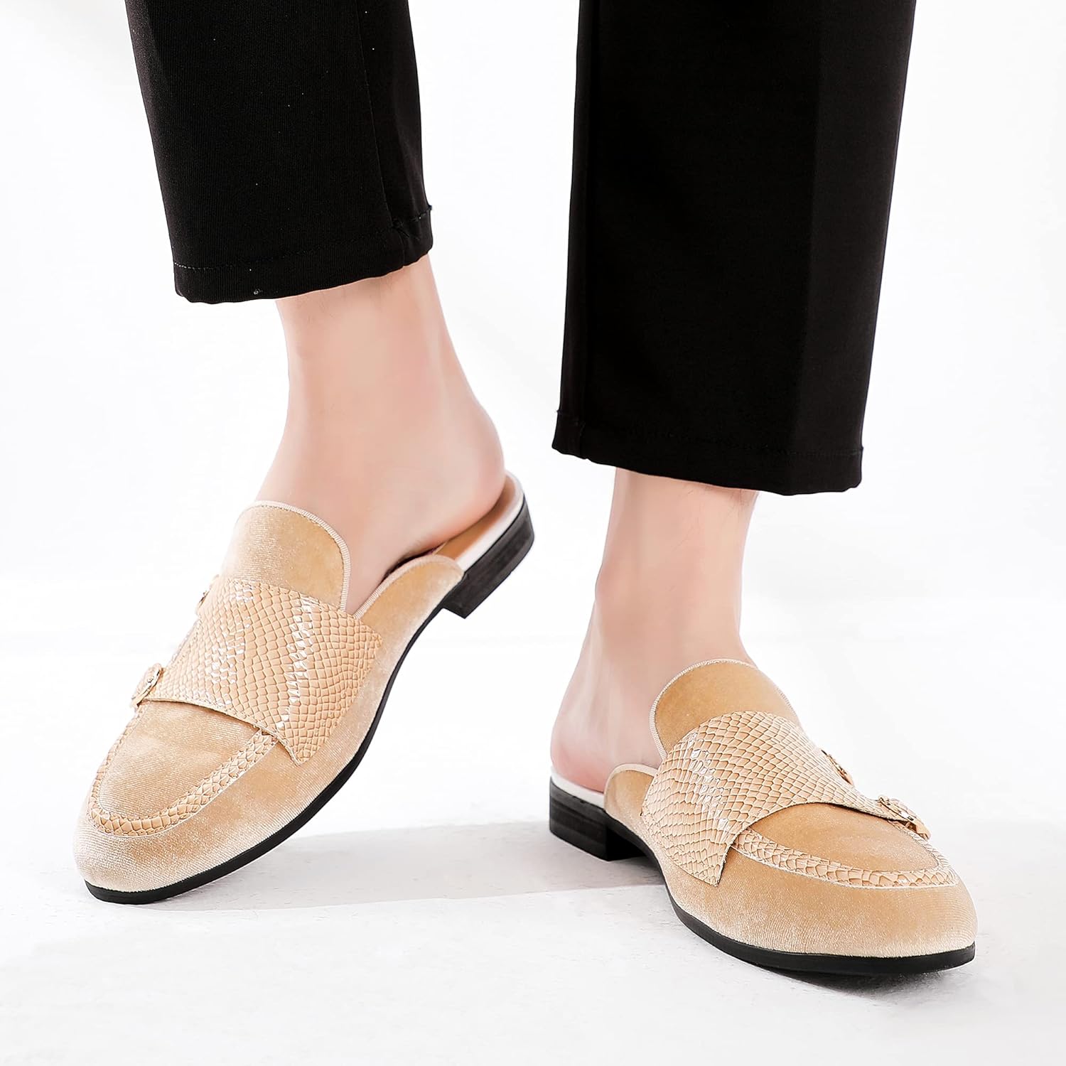 Men's Slip-on Mule Sandals Loafer with Gold Buckle,Fashion Leather Formal Wear Casual Backless Dress Slippers