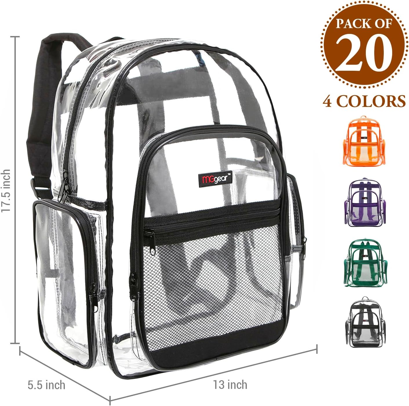 MGgear 20 Pack Clear PVC Backpacks, School Approved, Assorted Trim Colors image 3