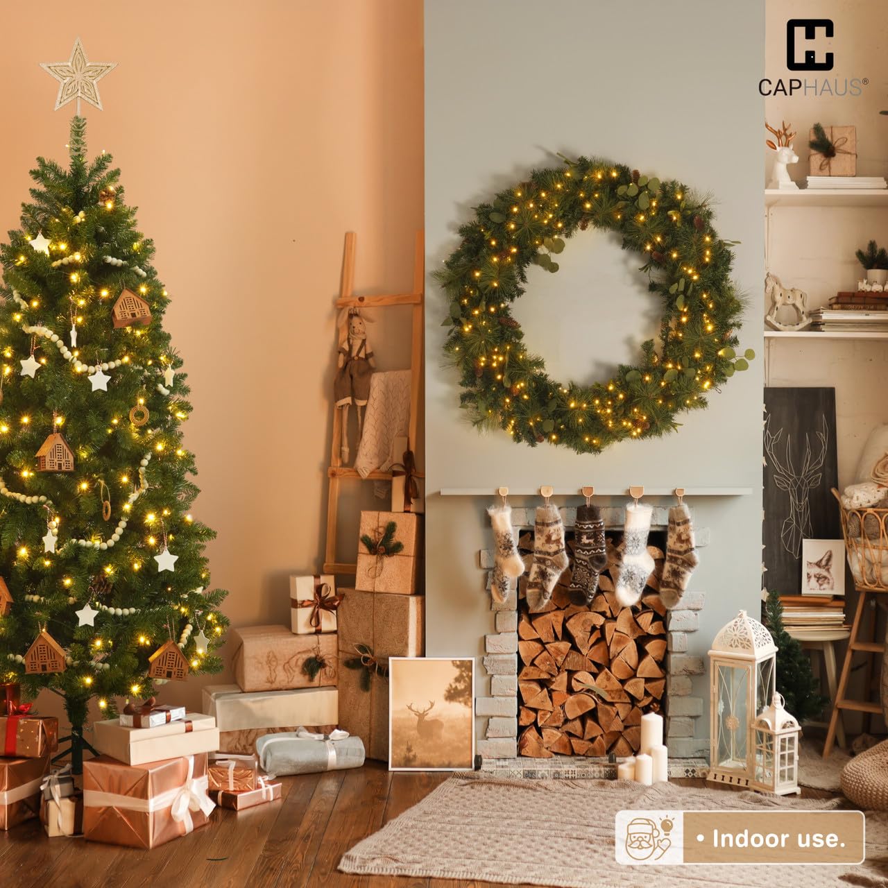 CAPHAUS Corona de Navidad iluminada de 36 pulgadas, arrecife de Navidad artificial con 120 luces LED blancas cálidas, 8 modos de luz, eucalipto y pino, decoraciones navideñas para interiores, oficina,