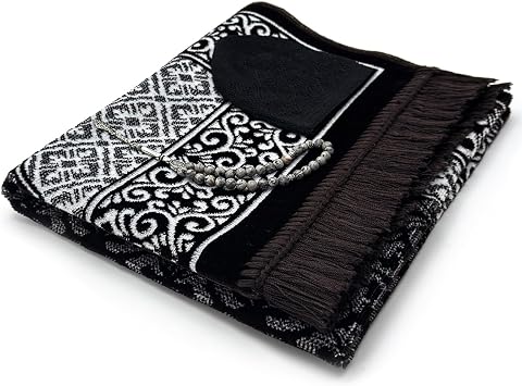 ESERRA Velvet Prayer Mat All in One Set for Islam - Thick Muslim Prayer Rug, Black Kufi Hat, Jasper Stone 33 Prayer Beads, Cotton Travel Case - Islamic Gifts Dark Brown