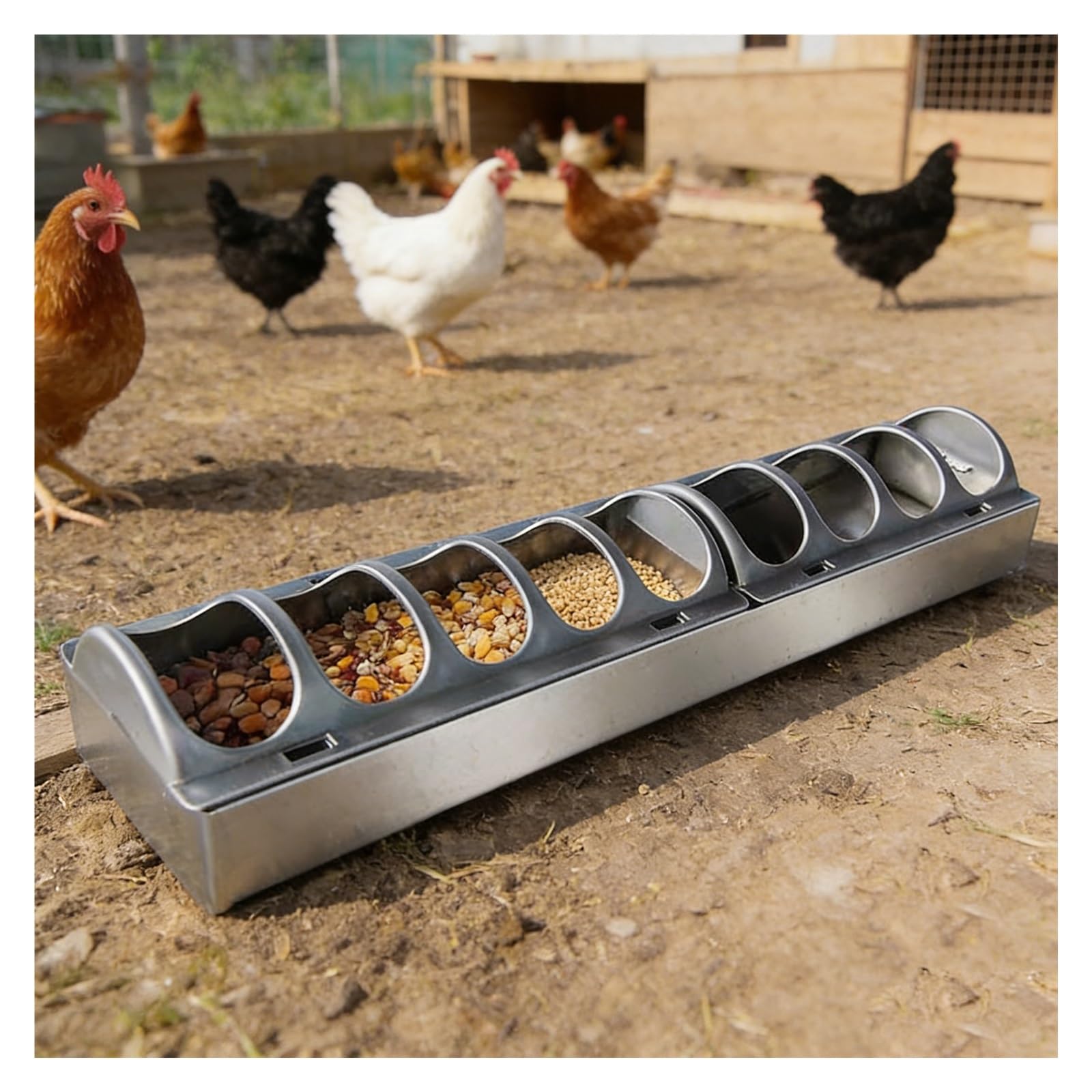 Comedero de pollo de acero inoxidable, bebedero de doble cara con divisor desmontable, para gallineros y patio trasero