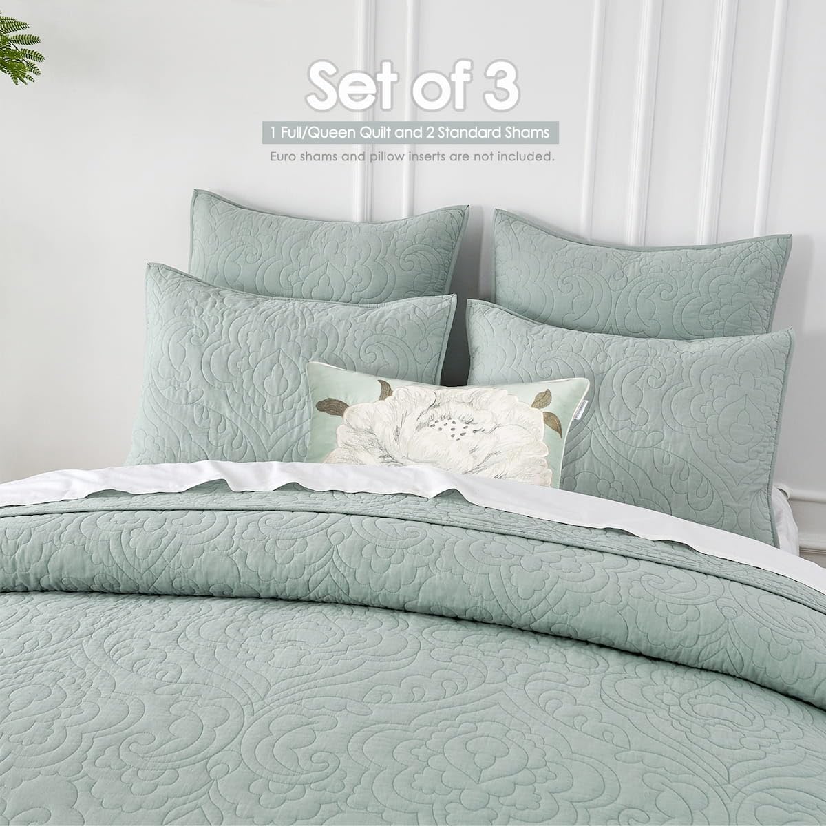 Querencia 100% Cotton Quilt Set - Queen Size, Lightweight Quilted Paisley Comforter, Bedspread Coverlet, All Seasons 3 Pieces (Full/Queen, Smoke Blue)