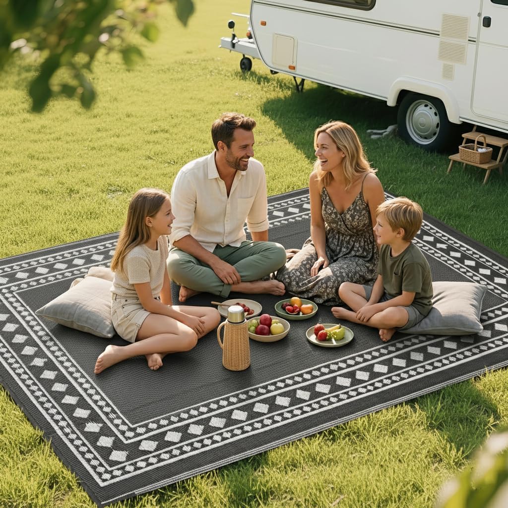 RURALITY Outdoor Rugs 8x10 Waterproof for Patios Clearance,Plastic Straw Mats for Backyard,Porch,Deck,Balcony,Grey and White