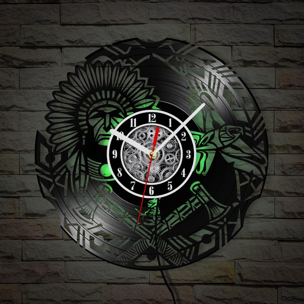 The Geeky Days Native American Culture Vinyl Record Wall Clock with LED Light Tribal Traditional Headdress for Living Room Ethnic Home Decor Luminous Timepieces Gift for Native American Culture Lovers