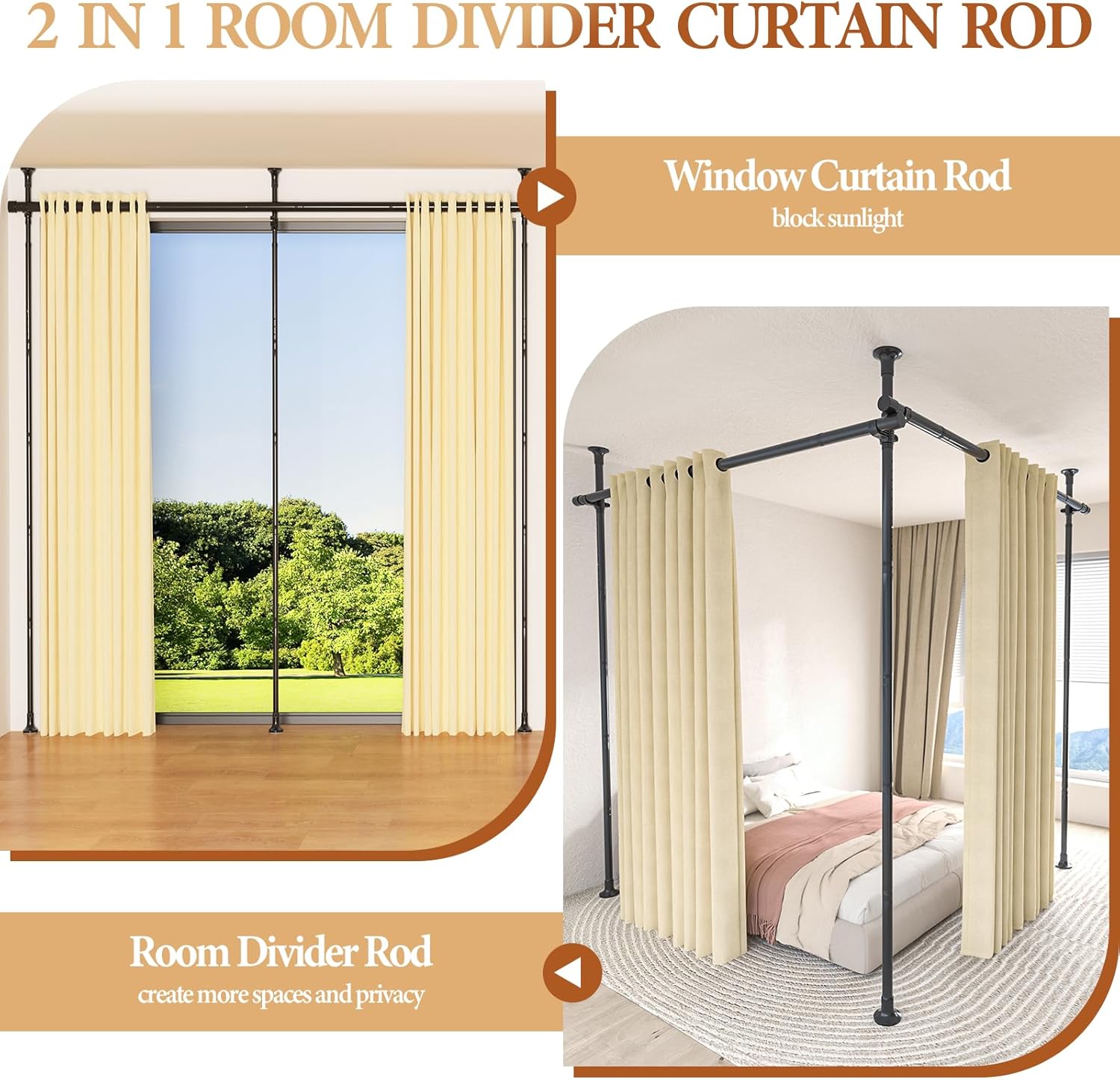 Room Divider Curtain Rod No Drilling, 4-9ft (H) 28-142inch(W) Adjustable Heavy Duty Floor to Ceiling Tension Rod Wall Dividers, Easy Assembly Temporary Privacy Separator for Room Separation Black
