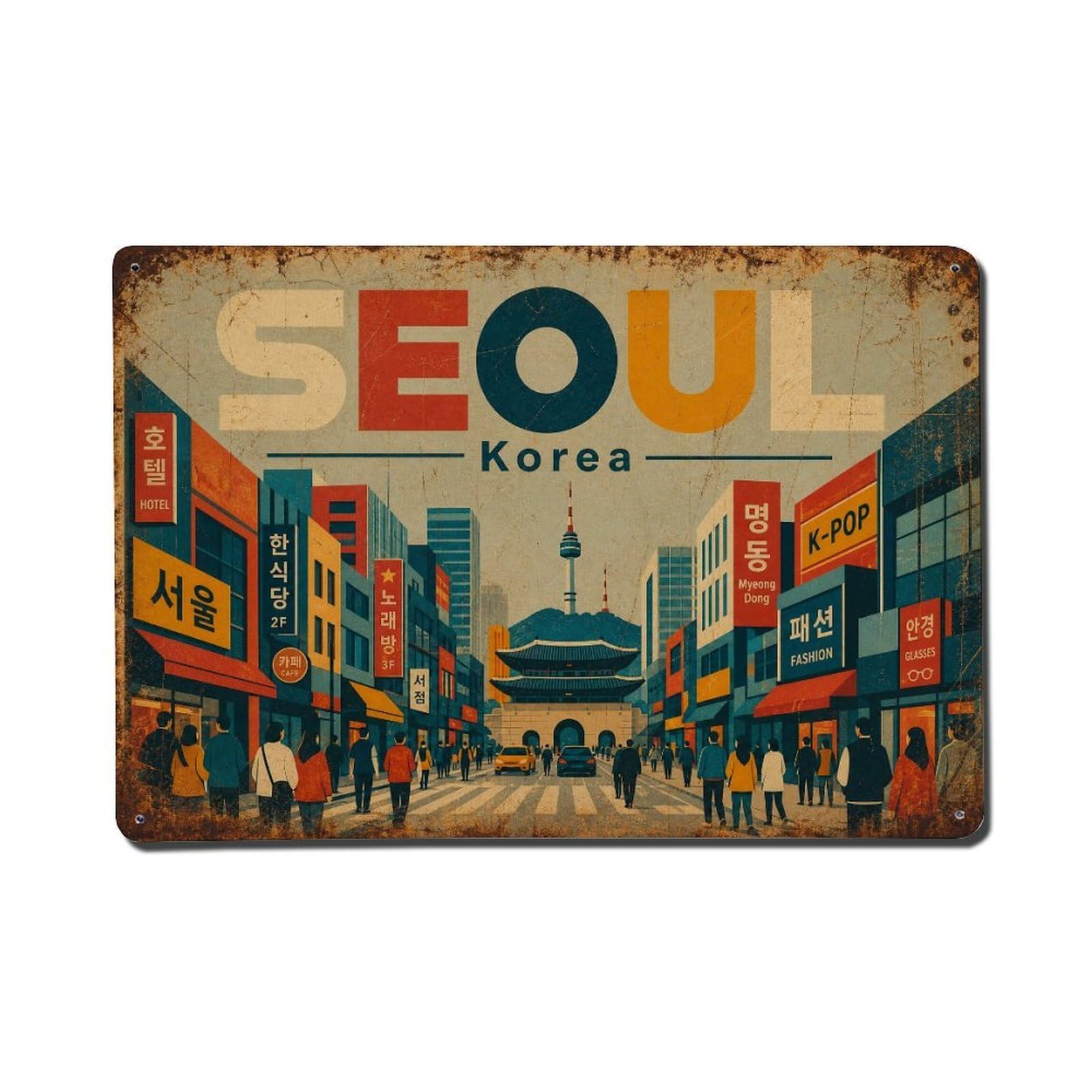Huiyhb 8X12inch(20X30cm) Vintage Travel Seoul Korea Streets Metal Tin Sign