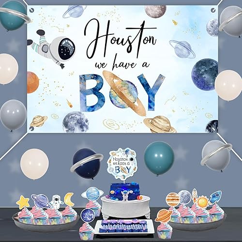 Miniatura 3 de Decoraciones para baby shower del espacio exterior para niño, decoración de cupcakes de astronauta espacial, Houston We Have a Boy Baby Shower telón
