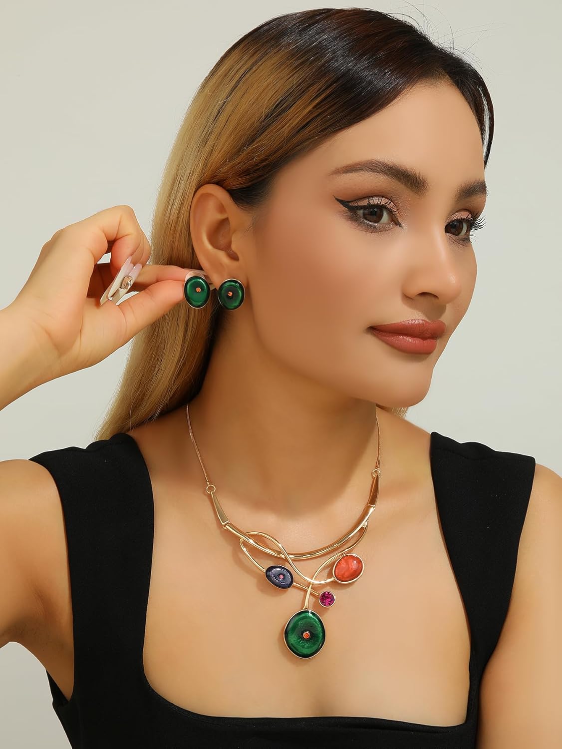 Chunky Statement Jewelry Set Vintage Retro Leaf Flower Floral Geometric Bohemian Boho Bib Necklace Earring Set Fashion Costume Jewelry for Women Girls Wedding Party Prom Unique Gift - Image 2