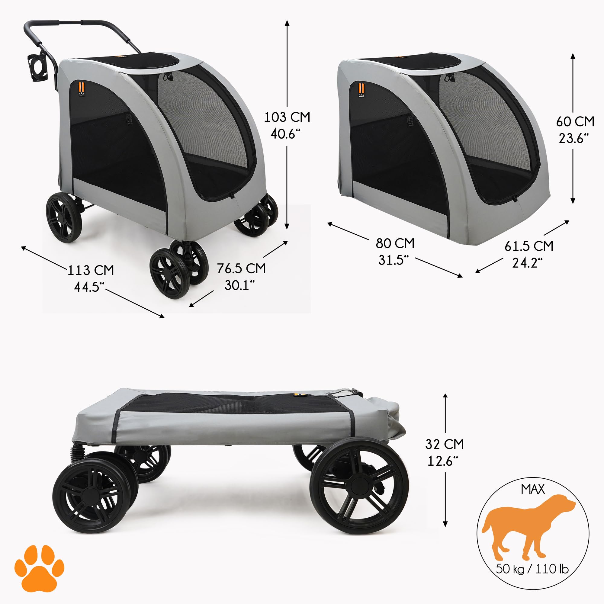 Hundewagen Chester - Hundebuggy für große Hunde, Katzenbuggy, geräumig, bequem Trolley, faltbar, incl. Regenschutz, Getränkehalter, max. Belastung 50 kg