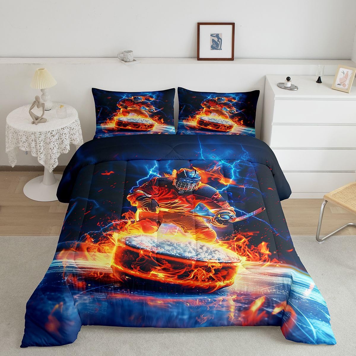 Queen Comforter Sets - Sports Bedding for Boys & Girls - American Football Down Comforter - 3 Pcs Navy Blue