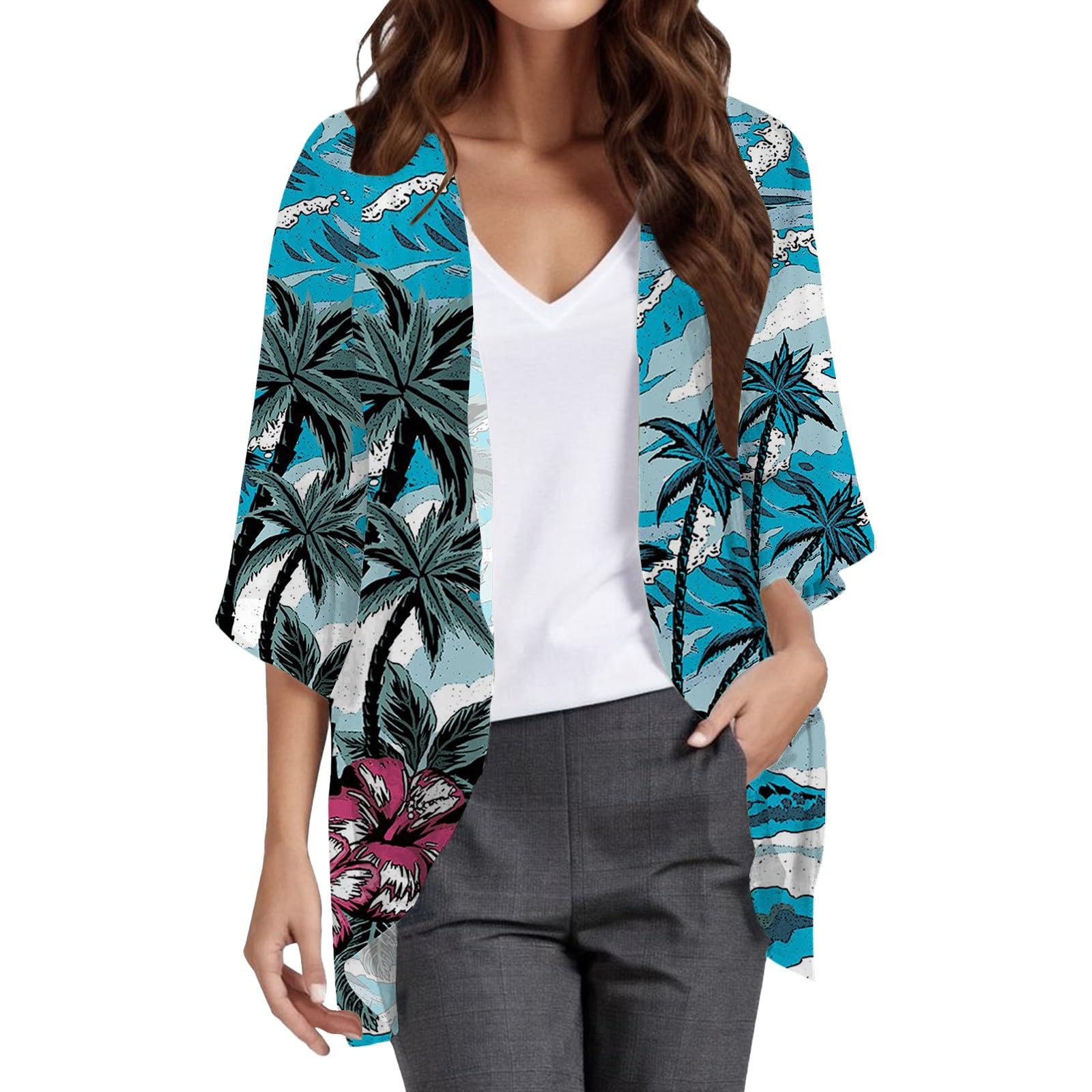 LZPCarra Túnica de verano elegante para la playa, poncho de playa para mujer, corto, de gasa, vestido de playa, kimono, poncho, bikini, suelto, cuello en V, traje de baño, camiseta ligera de playa