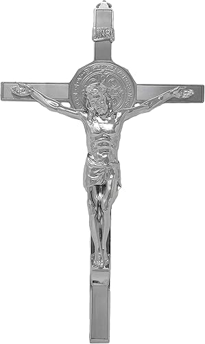 Crucifijo de metal de San Benito de 8 pulgadas en tono plateado Corpus Cruz Medalla San Benito Cruz regalo religioso